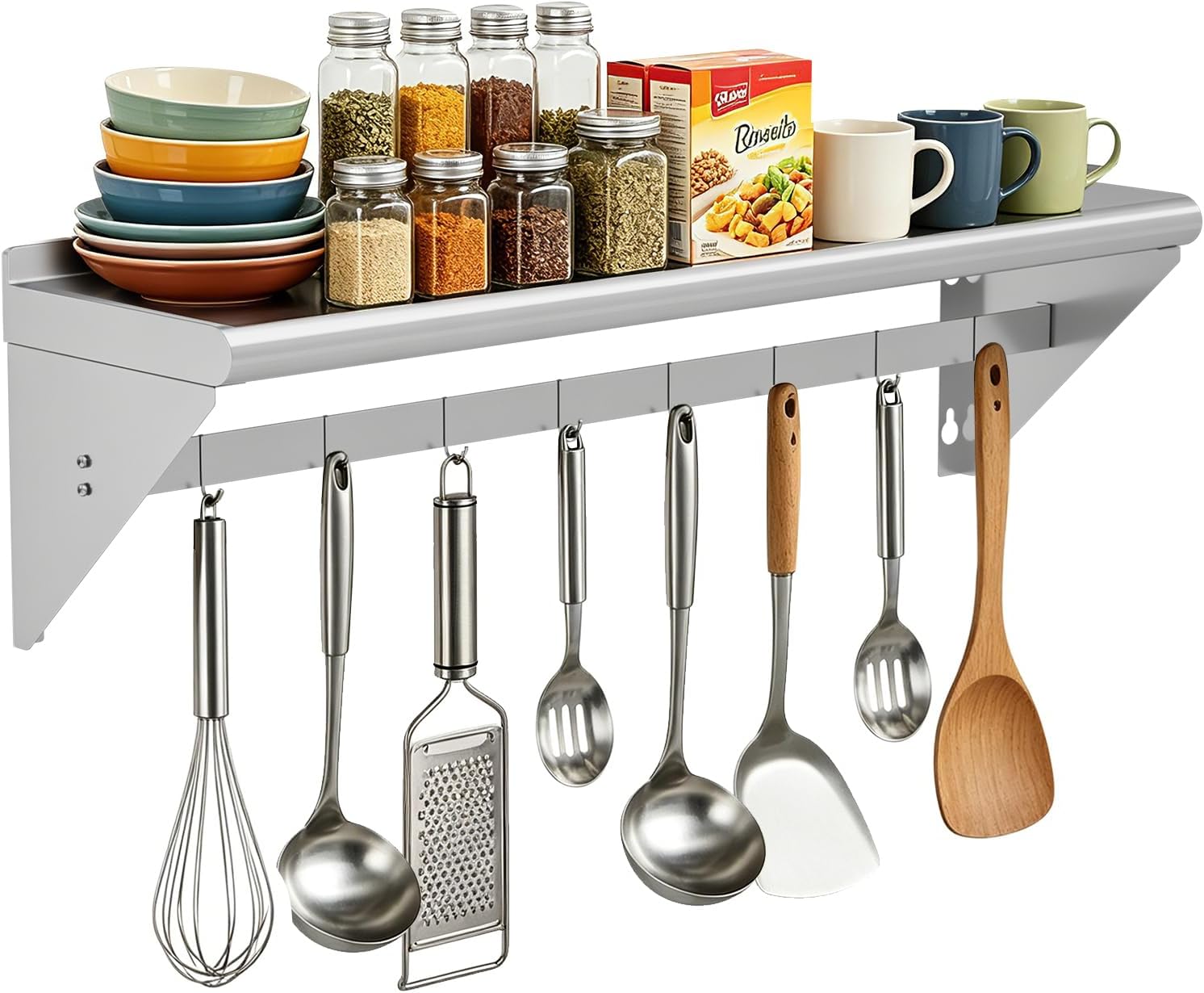Commercial Stainless Steel Shelf with 8 Hooks 12" x 48", Wall Mounted Food Service Storage Rack Shelves, Heavy Duty 300 lb Metal Shelf for Kitchen, Restaurant, Food Truck, Garage, Laundry Room