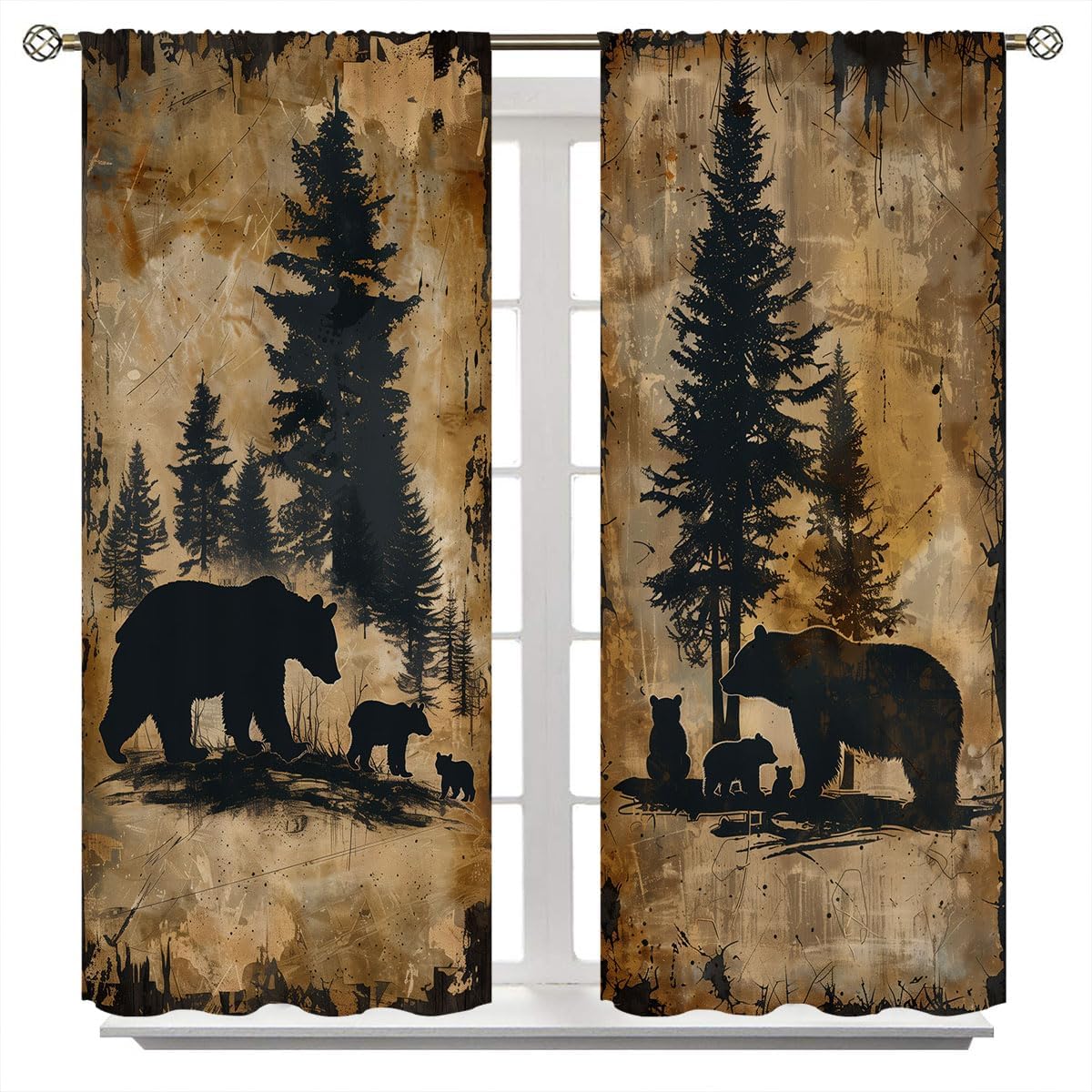 Rustic Bear Blackout Curtains for Kid Girls Boys Bedroom, Vintage Cabin Wildlife Animal Bears Rod Pocket Thermal Insulated Darkening Window Drapes for Bedroom Living Room, W42xL45 Inch