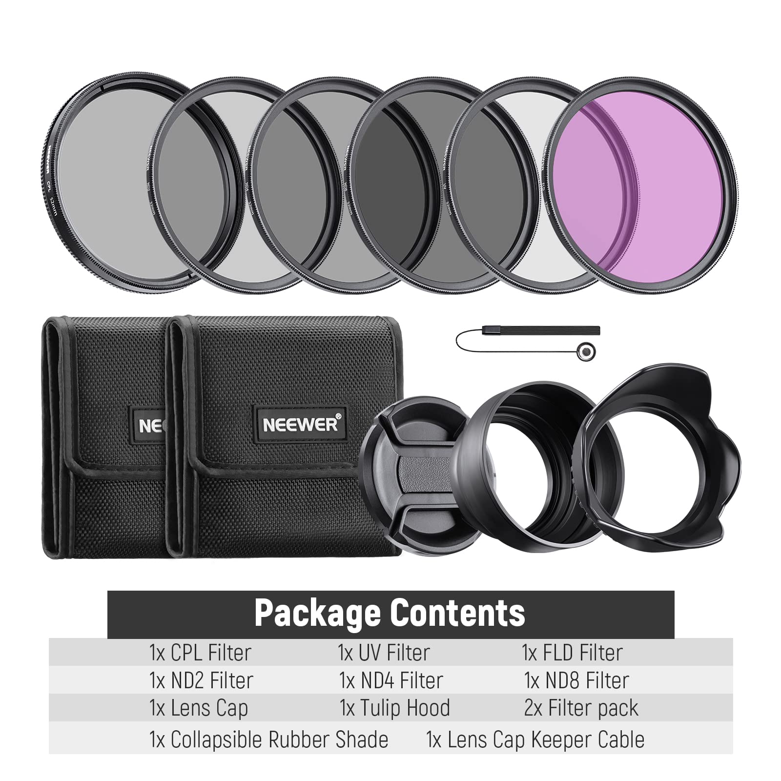 NEEWER 52mm ND2 ND4 ND8 UV CPL FLD Kit di filtri e accessori per lenti con copriobiettivo a scatto, paraluce a forma di tulipano, paraluce pieghevole in materiale elastomerico, custodia per filtri