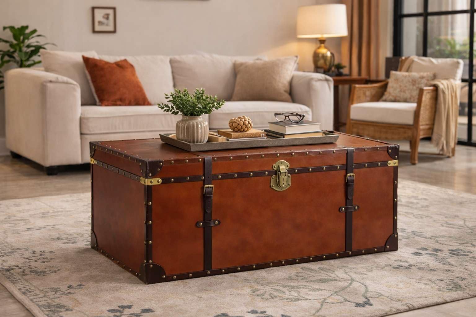 Vintage Leather Storage Trunk Coffee Table – Handcrafted Buffalo Leather Center Table with Antique Brass Hardware – Large Industrial Storage Chest for Living Room & Entryway-image-41