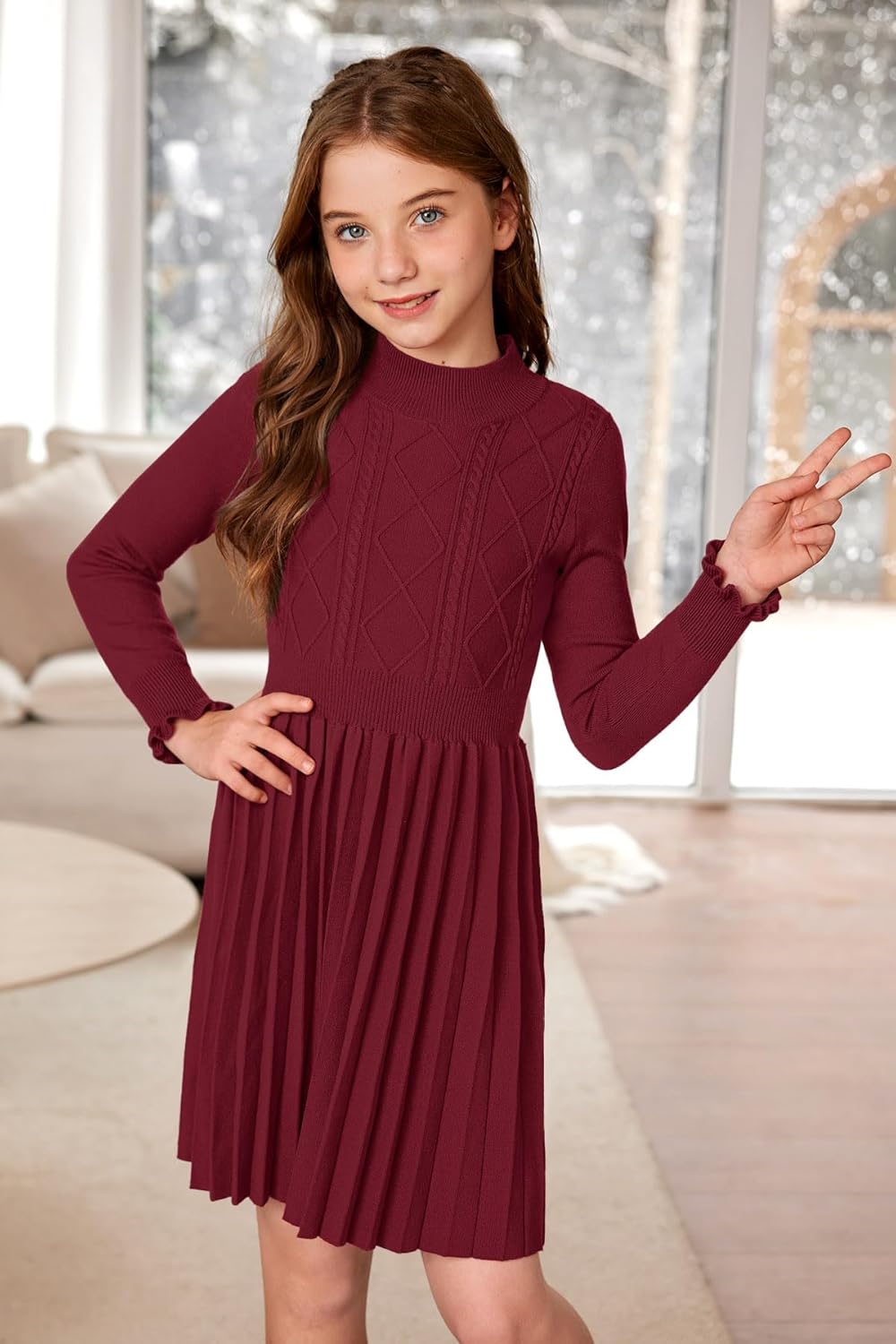 Girls Cable Knit Mock Neck Sweater Dress Fall Winter Long Sleeve Casual Dresses 5-14 Years - Image 5