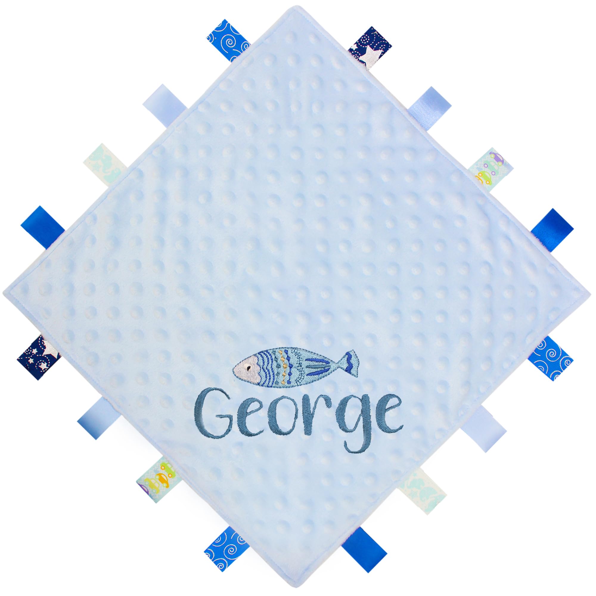 TeddyT's Personalised Scandi Fish Embroidered Taggy Blanket Comforter