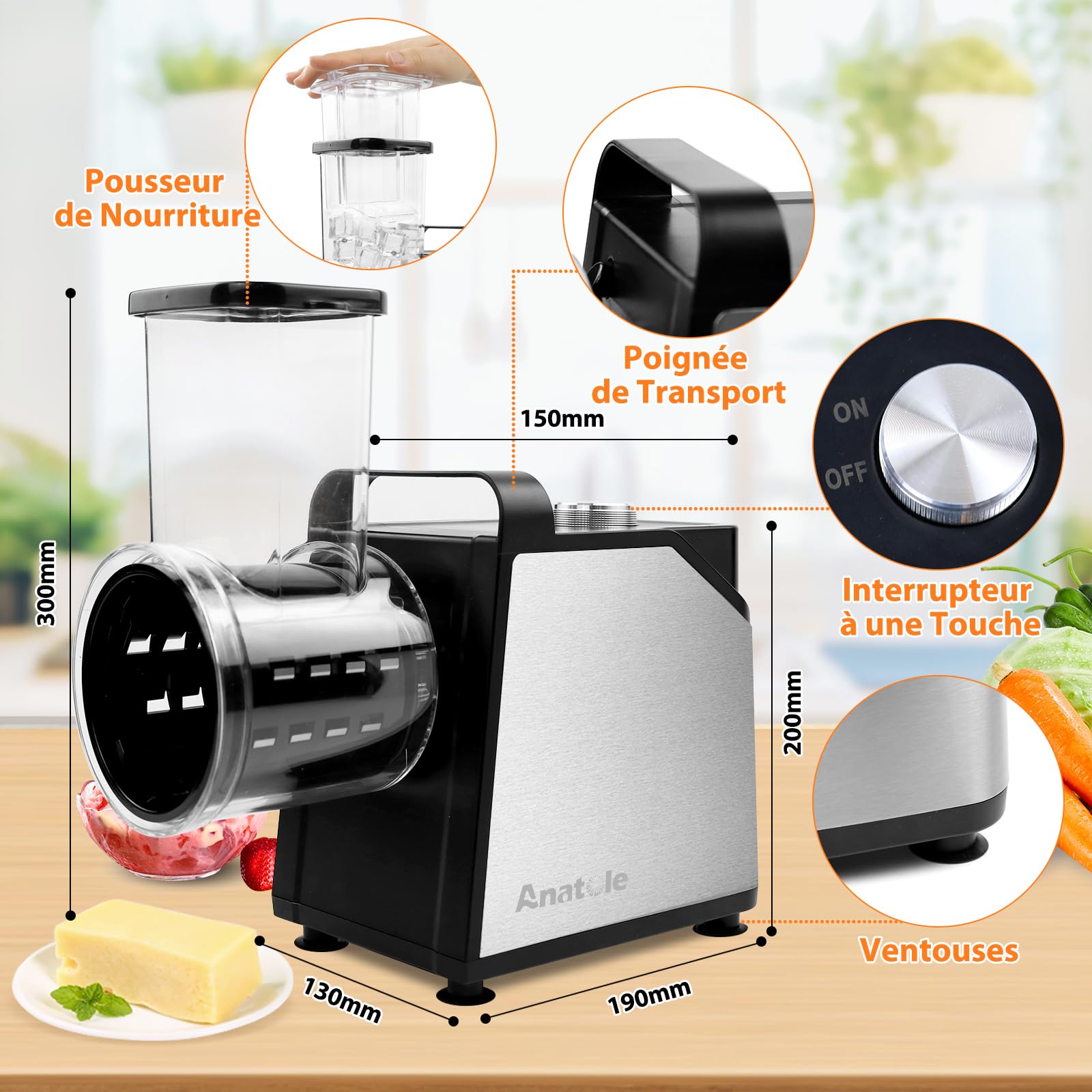 Anatole Coupe Légumes Électrique Broyeur à Glace 7 Lames Rape à Fromage Acier Inox 250W Rapeuse Carottes Professionnel Grand Calibre Trancheuse de Légumes Multifonctions 220V Fiche UE