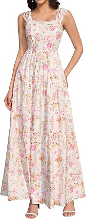 KUTUMAI Floral Maxi Long Dress Lace Up Square Neck Flowy Summer Wedding Guest Dresses for Women 2026