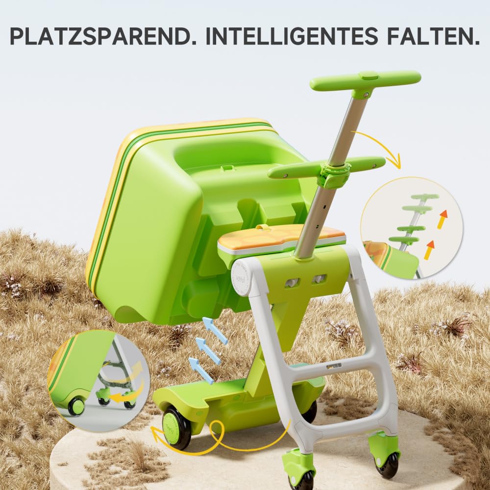 Jovikids Walizka dziecięca 3 w 1, 32 l, z kółkami, składana i zdejmowana, z drążkiem teleskopowym, wieloma przegródkami, na podróż, urlop i na co dzień, zielony, Zabytkowe