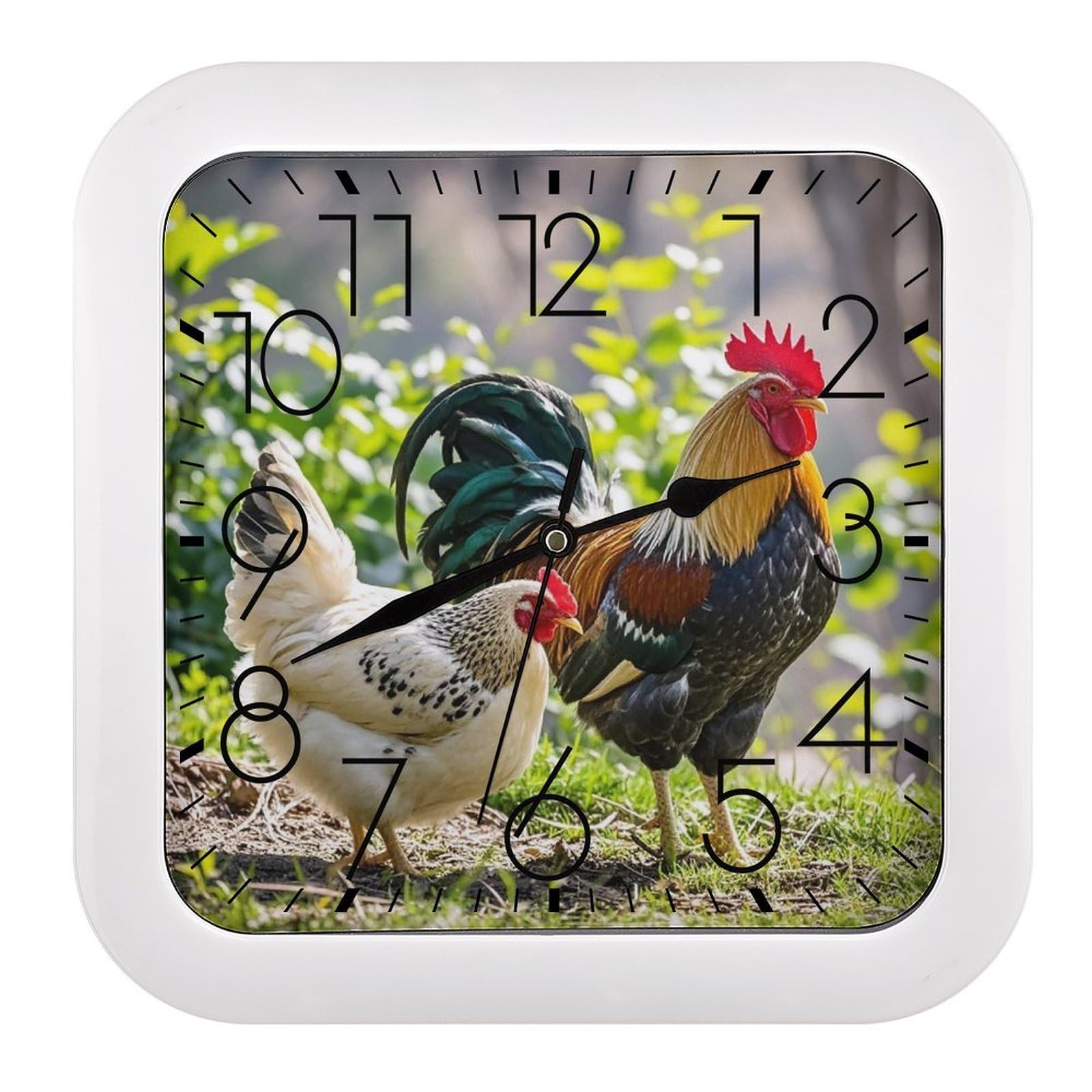 FekiLoot Rooster and Hen Wall Clock Battery Operated Square Decorative Wall Clocks Silent Non Ticking Analog Clock Modern Retro Vintage Wall Clocks for Kitchen Living Room Office 10.2 Inch