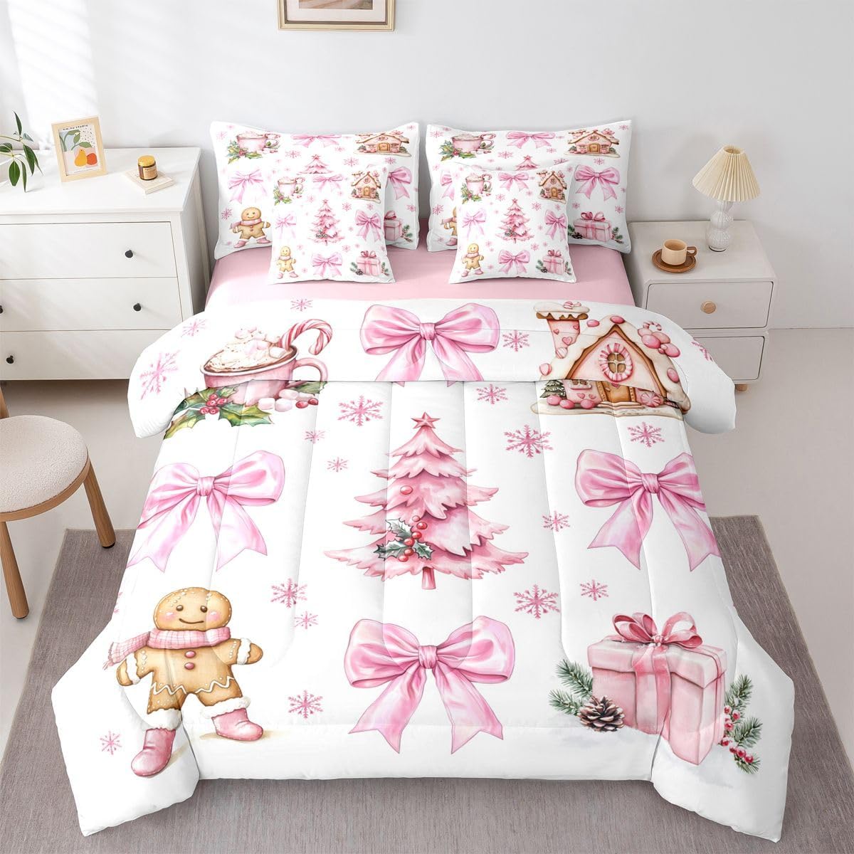 Merry Christmas Bed Sheets Queen Size,Bowknot Gingerbread Man Xmas Tree Bedding Set, Poinsettia Snowflake Winter Boys Girls Room Decor,Pink White Sheet(Fitted+Flat+2 Pillowcases)