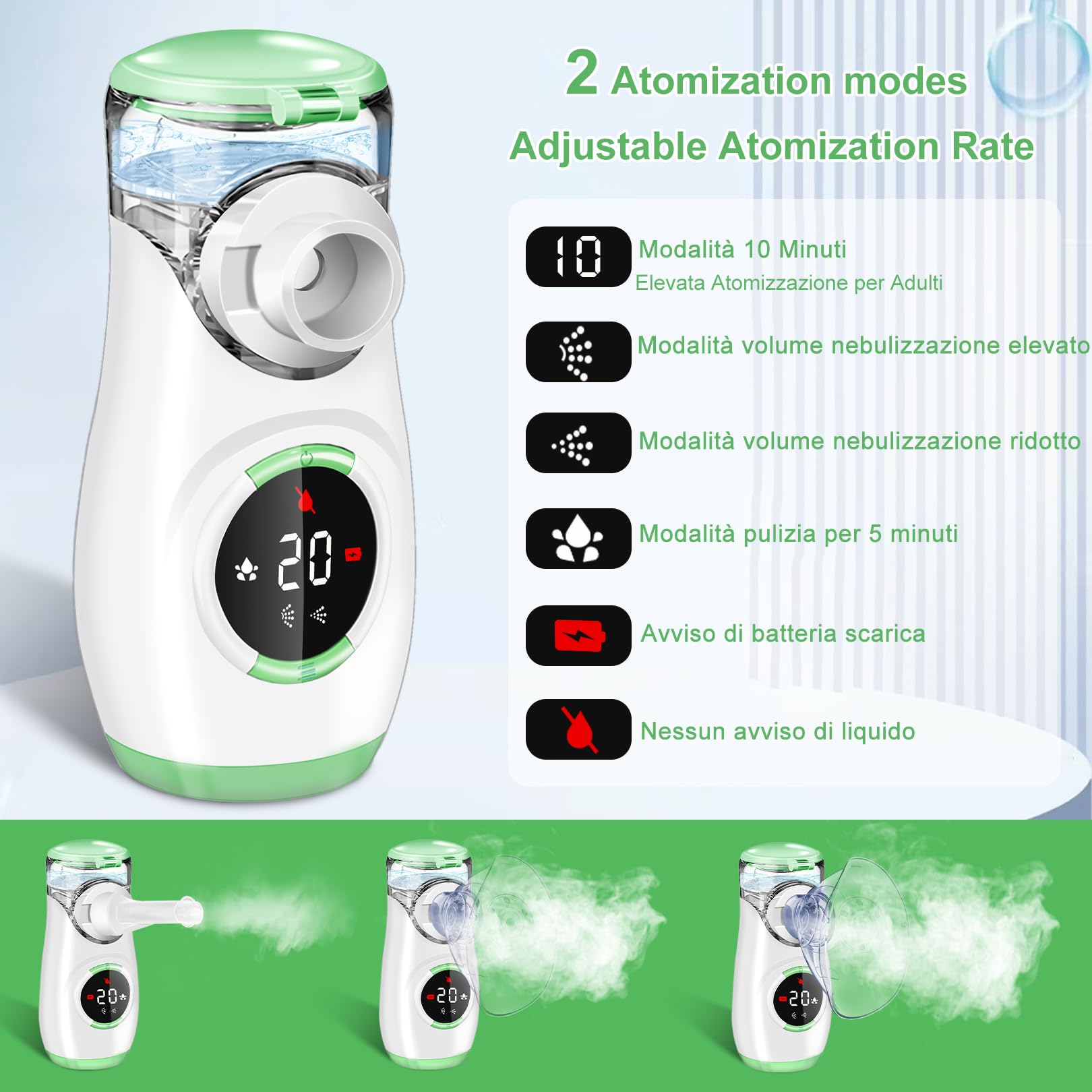 Aerosol Portatile Silenzioso con Digitaler Anzeige, Macchina Aerosol per Adulti Bambini con Boccaglio e Maschera, per Malattie delle Vie Respiratorie Superiori e Inferiori