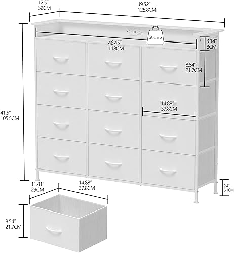 Miniatura 2 de Cómoda Blanca con Luces LED y Estación de Carga para Dormitorio, 12 Cajones, Cómodas y Cajoneras, Cómodas Altas para Pasillo, Entrada, Closets, Sala