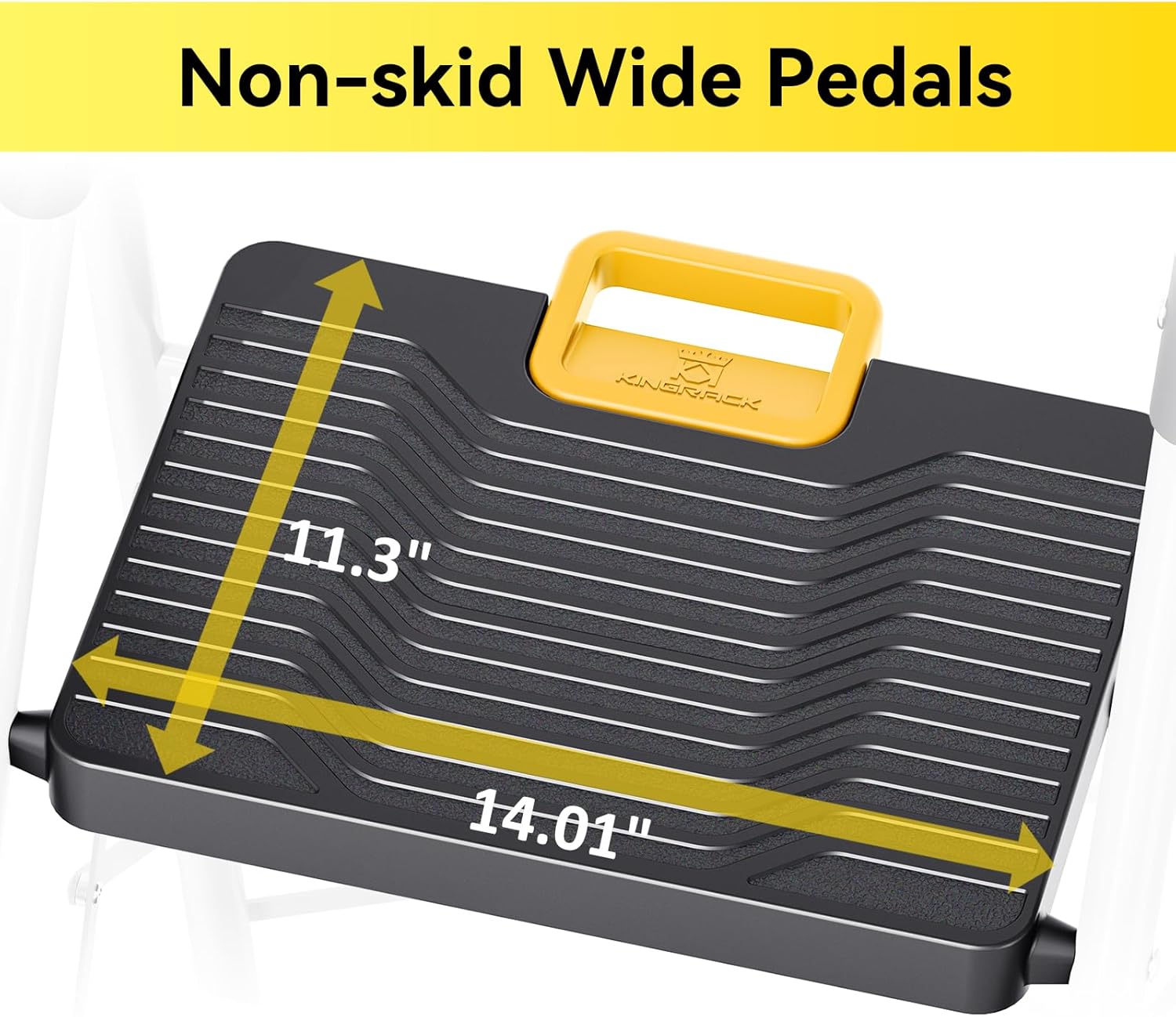 Close-up of the non-skid wide pedals of the KINGRACK ladder, showing dimensions of 11.3 inches deep and 14.01 inches wide