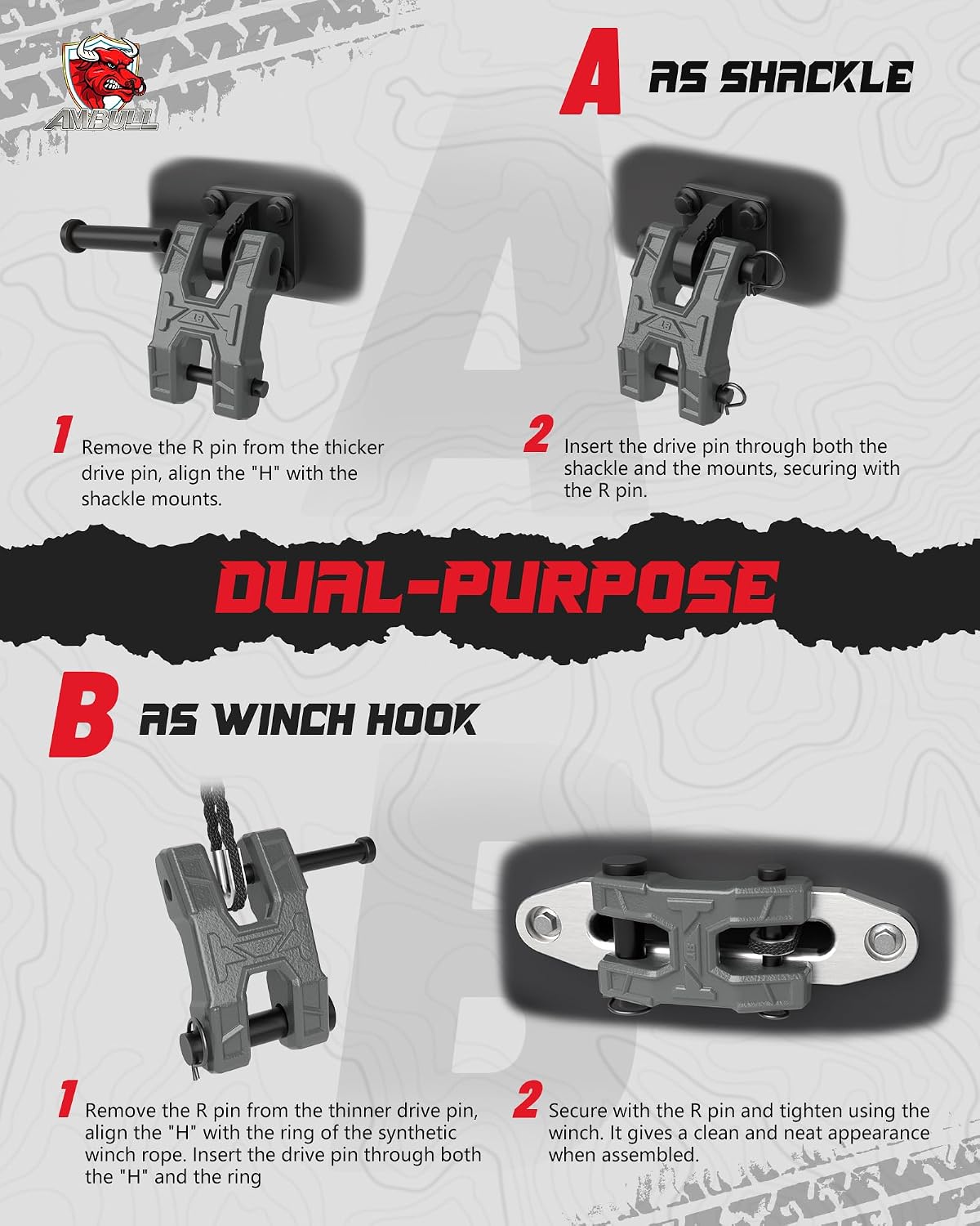 H-Shaped Towing Winch Shackle, Heavy Duty Winch Fairlead Hook, Dual Pin Design as 3/4" Shackle & 3/8" Winch Hook for Towing, Recovery, Off-Road, 17,636 lbs Working Load-1 Pack, Grey