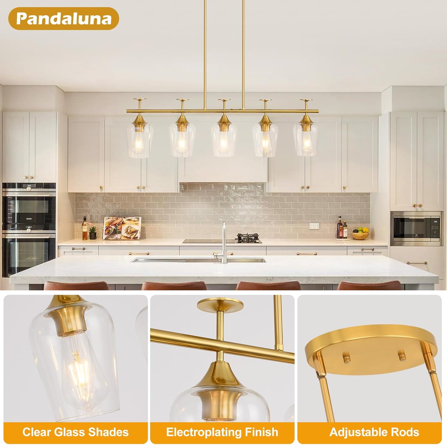 5-Light Dining Room Light Fixture 35.4in Gold Kitchen Island Lighting Fixtures Pendant Lights Linear Chandelier Ceiling Hanging Modern Kitchen Chandeliers Over Table with Clear Glass Shades