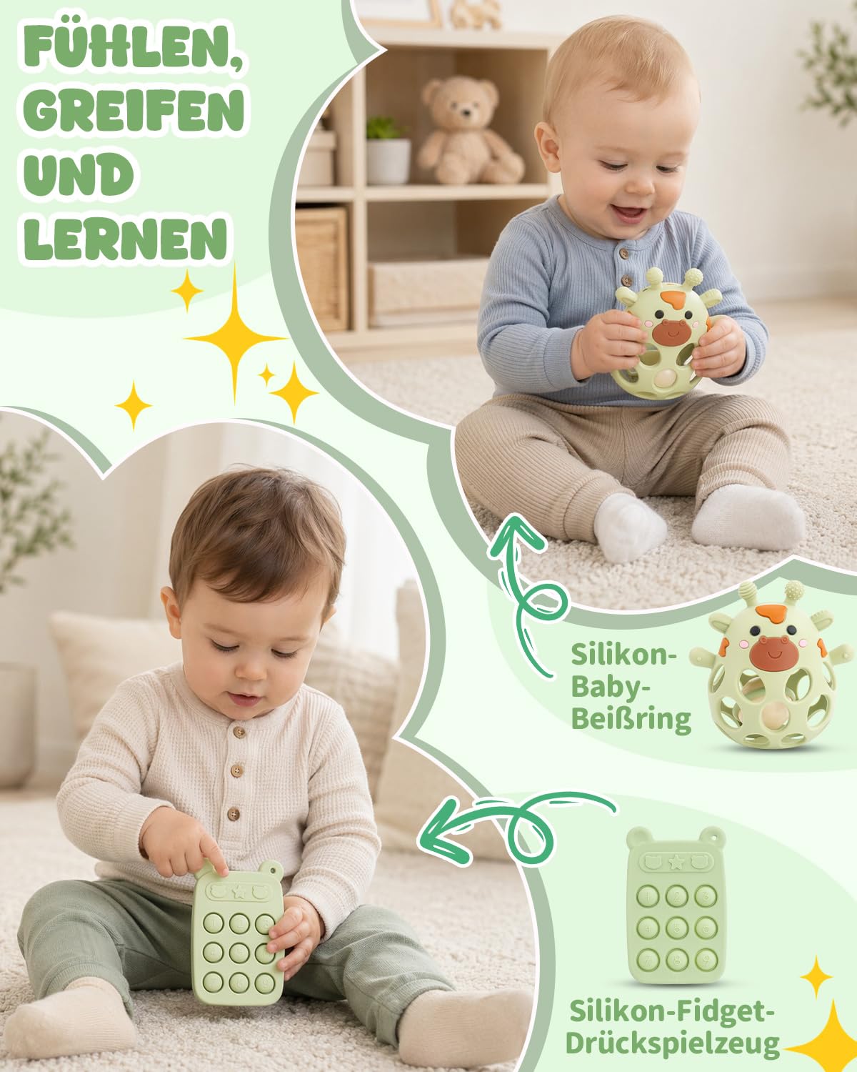 Geschenk zur Geburt, Neugeborenen Geschenk für Jungen & Mädel, Grün | Mit Babydecke, Baby-Nagelfeile, Beikost-Zubehör und Schnuffeltuch.