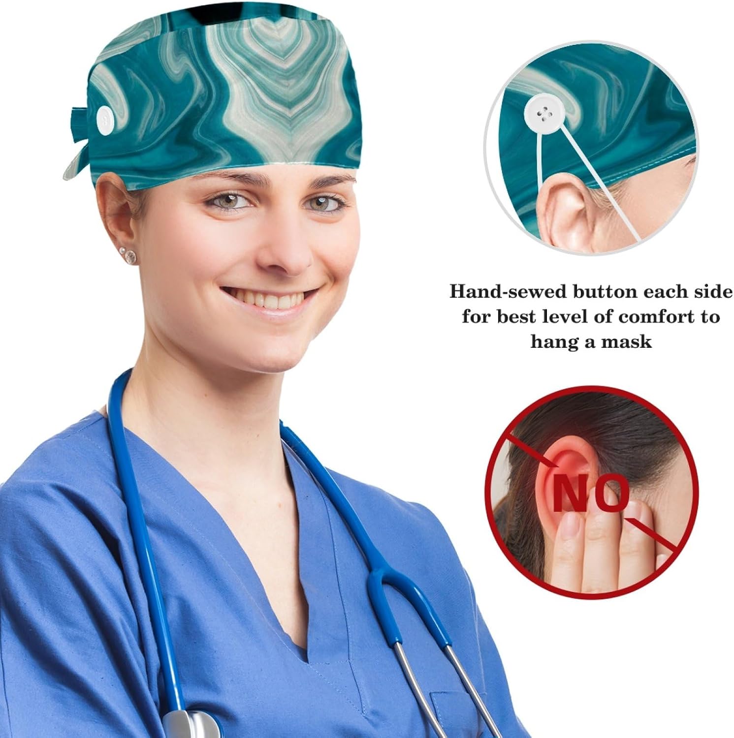 Teal Texture Scrub Caps for Women, Adjustable Surgical Cap with Buttons Sweatband, Bouffant Caps for Nurses and Doctors