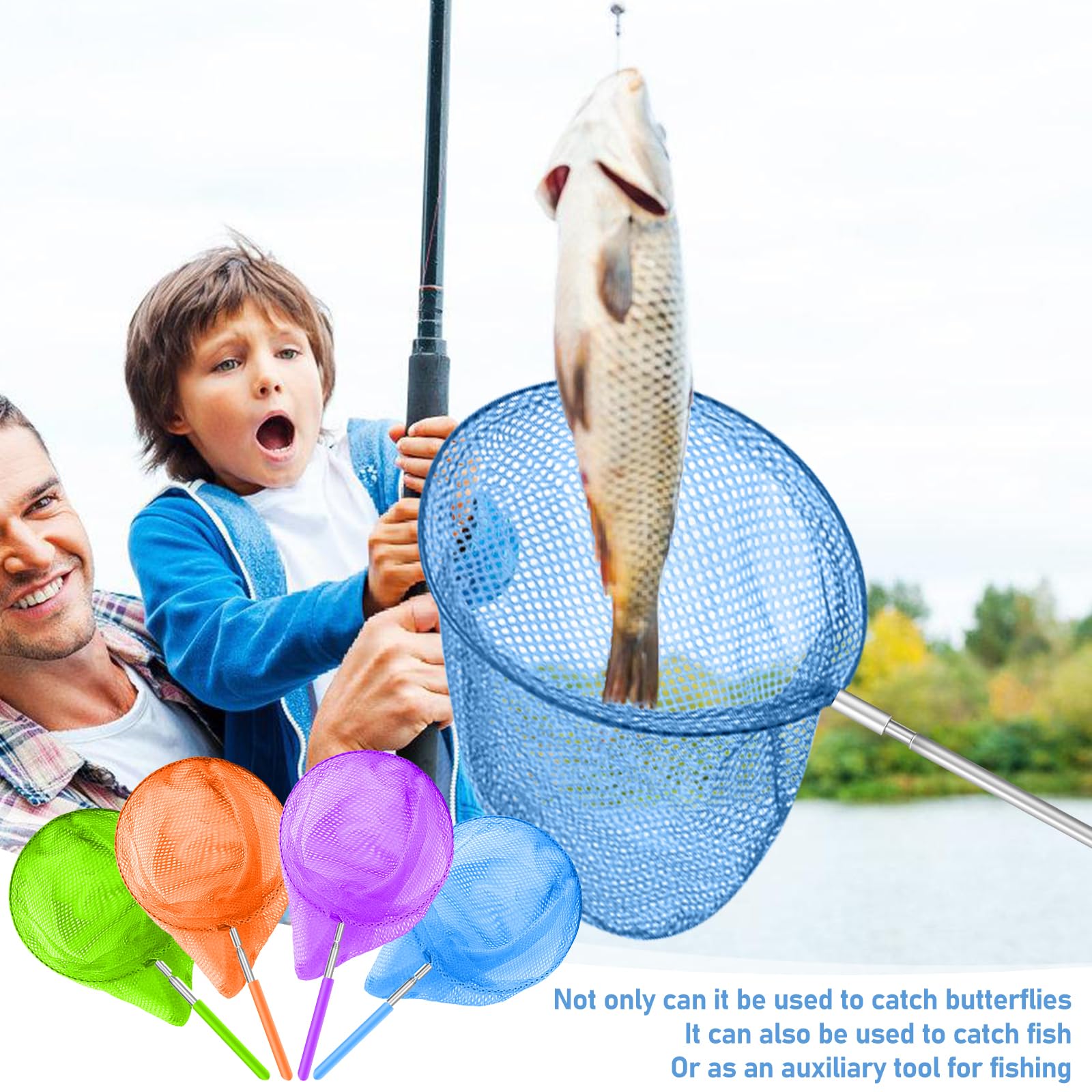 Retino per bambini, set di 4 retini telescopici per bambini, rete a farfalla estensibile con secchi pieghevoli, retino piccolo, rete da pesca, cattura insetti, pesca, pesca, giardino, piscina