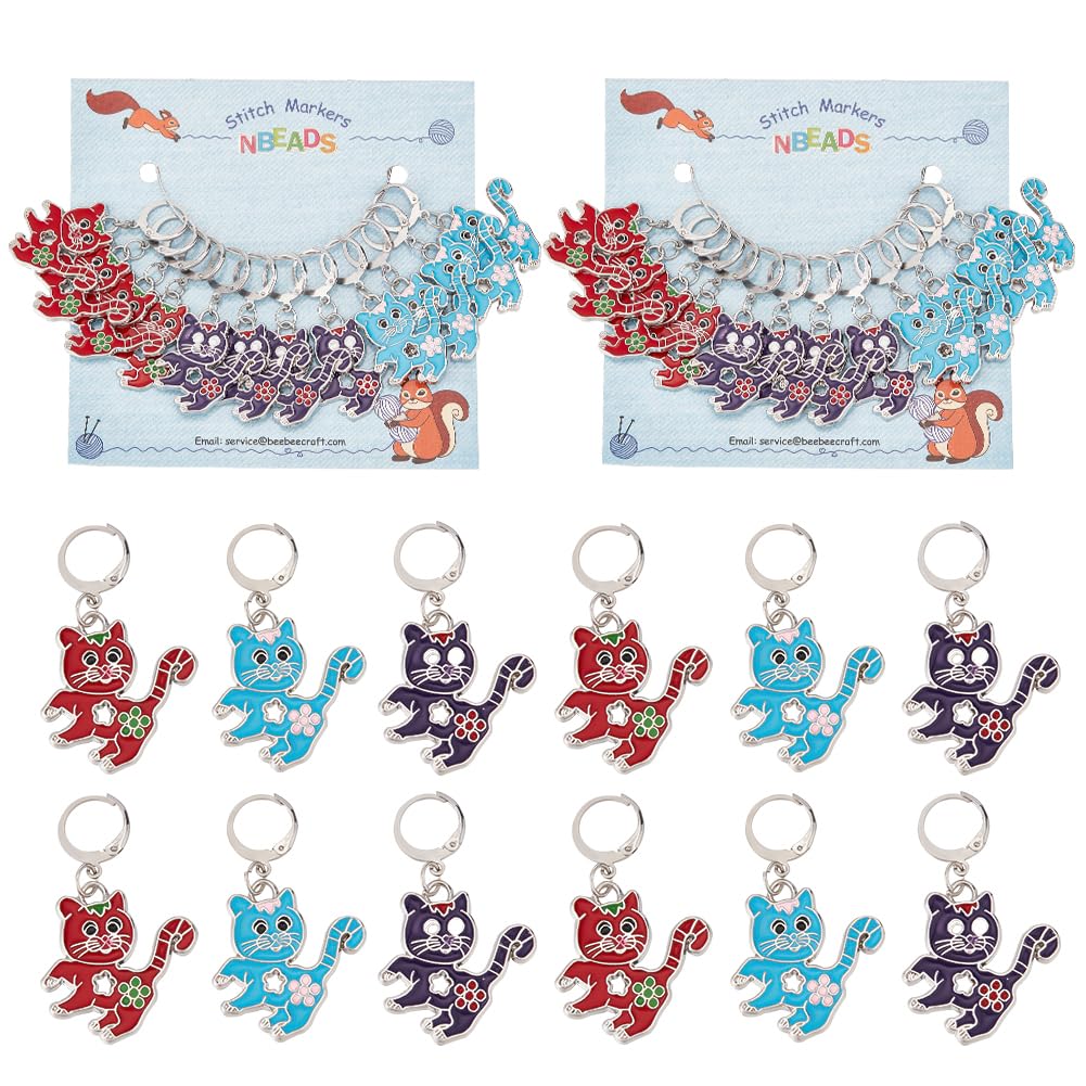 NBEADS 24 Pcs Cat Stitch Markers, 3 Colors Alloy Enamel Crochet Stitch Marker Charms Locking Stitch Marker with 304 Stainless Steel Clasp for Crochet Accessories Quilting Jewelry Making