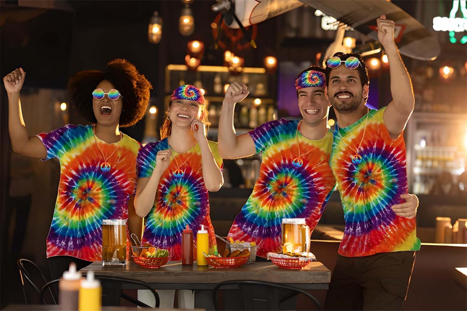 Hippie Clothes for Men Women,Tie Dye Shirt,Tie Dye Headband,Rainbow Sunglasses,Peace Medallion Necklace - Image 3