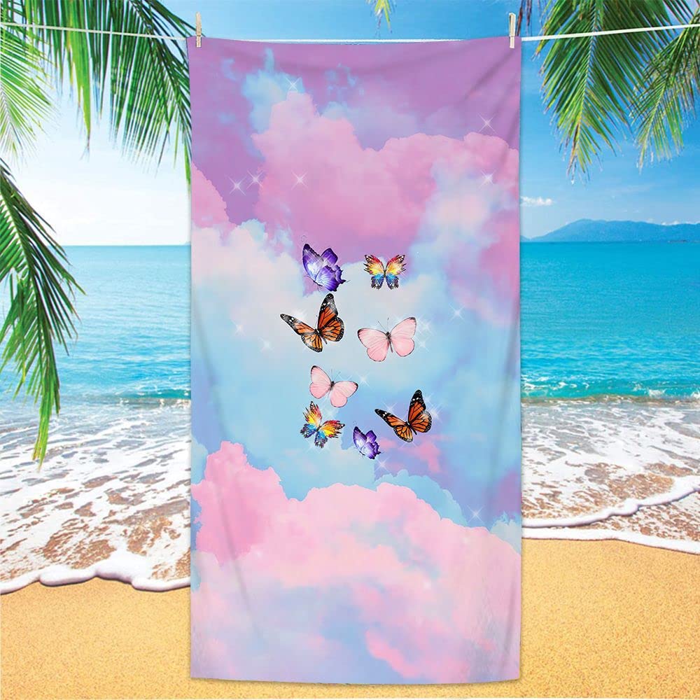 Ręcznik plażowy 100 x 200 fioletowy motyl ręcznik z mikrofibry dla dorosłych kobiet mężczyzn, ręcznik na siłownię do podróży pływania na kempingu, ręczniki plażowe szybkoschnące, niezbędne w podróży,