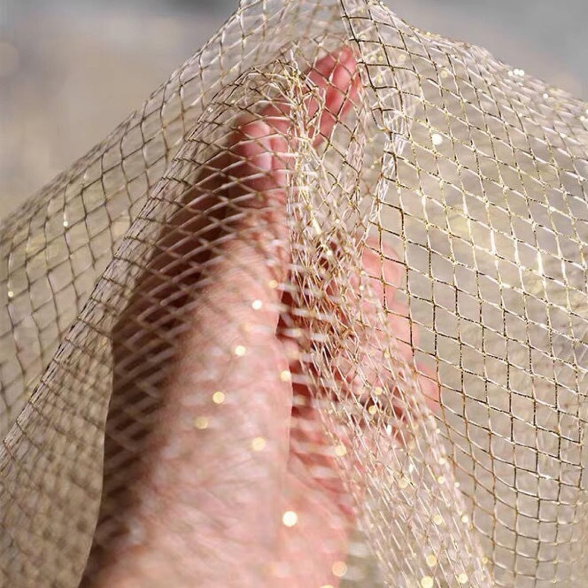 Mesh Fabric Hard Fish Net 59x108 Inch 3 Yard Polyester Netting for Sewing Clothes DIY Decoration Gold Silver