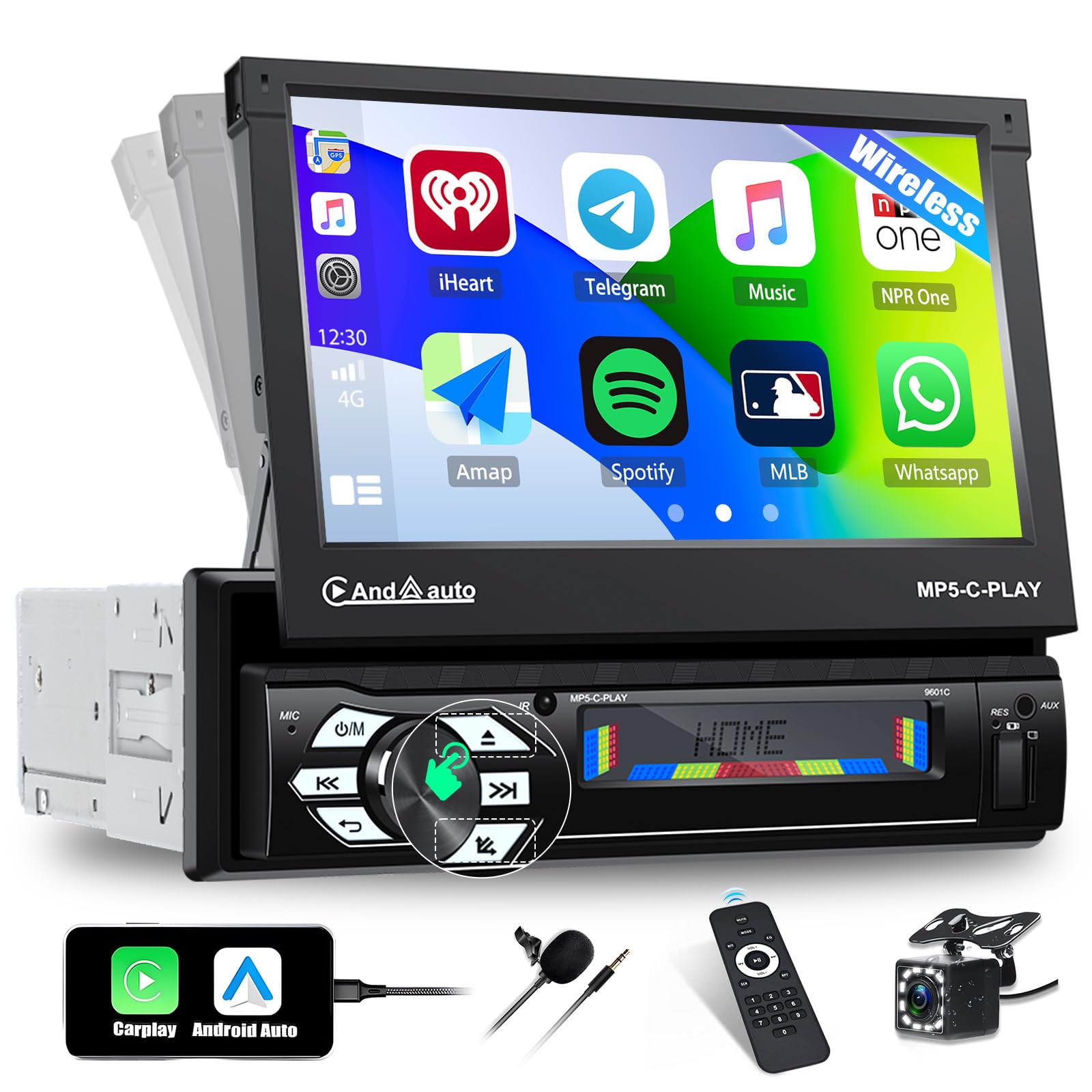 CAMECHO Radio Coche Bluetooth con Carplay et Android Auto, Autoradio 1 DIN con 7''Retráctil Automático Pantalla Táctil Reproductor Multimedia con FM/USB/SD Enlace Espejo+Cámara Visión Trasera