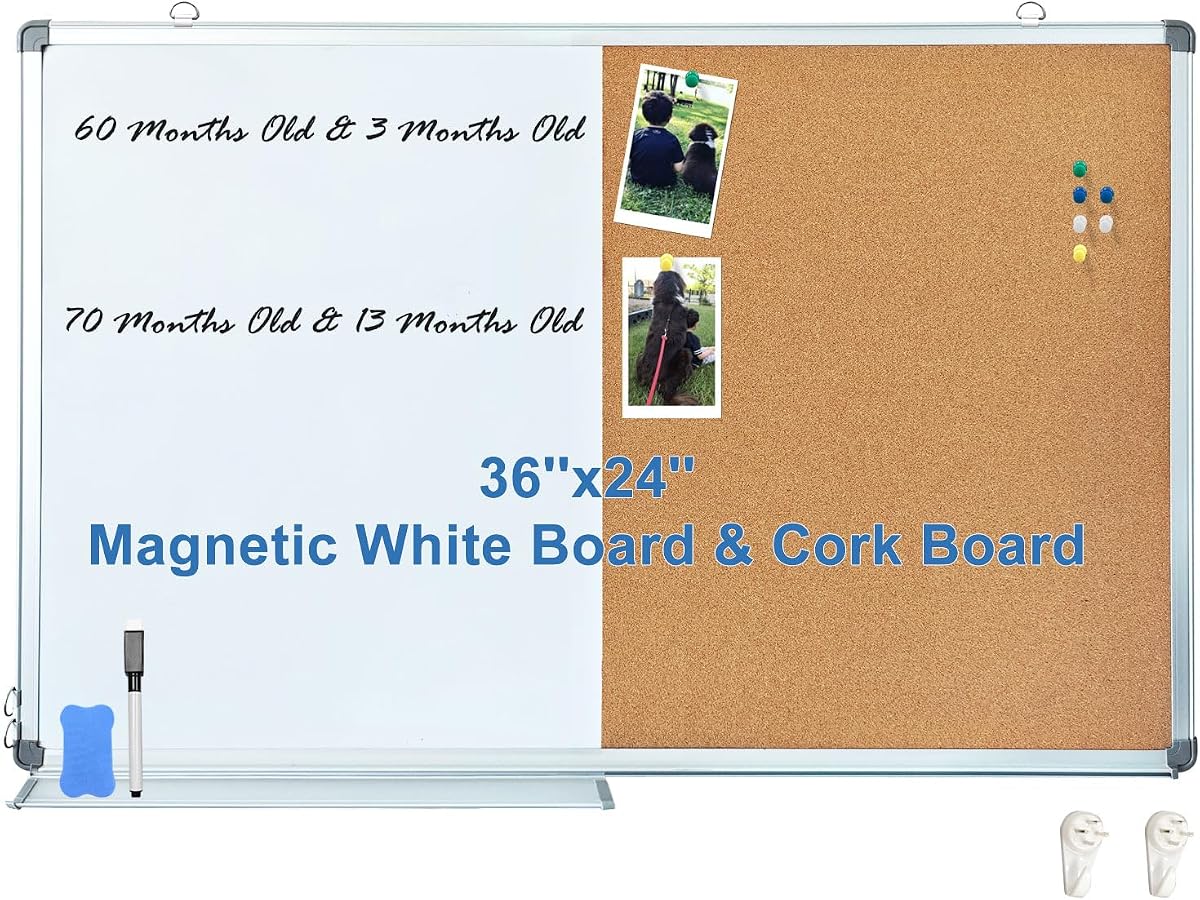 36x24 Inches White Board Cork Board Combo | Magnetic Dry Erase Board & Cork Pinboard in One | Wall-Mounted Office Home School Message Organizer