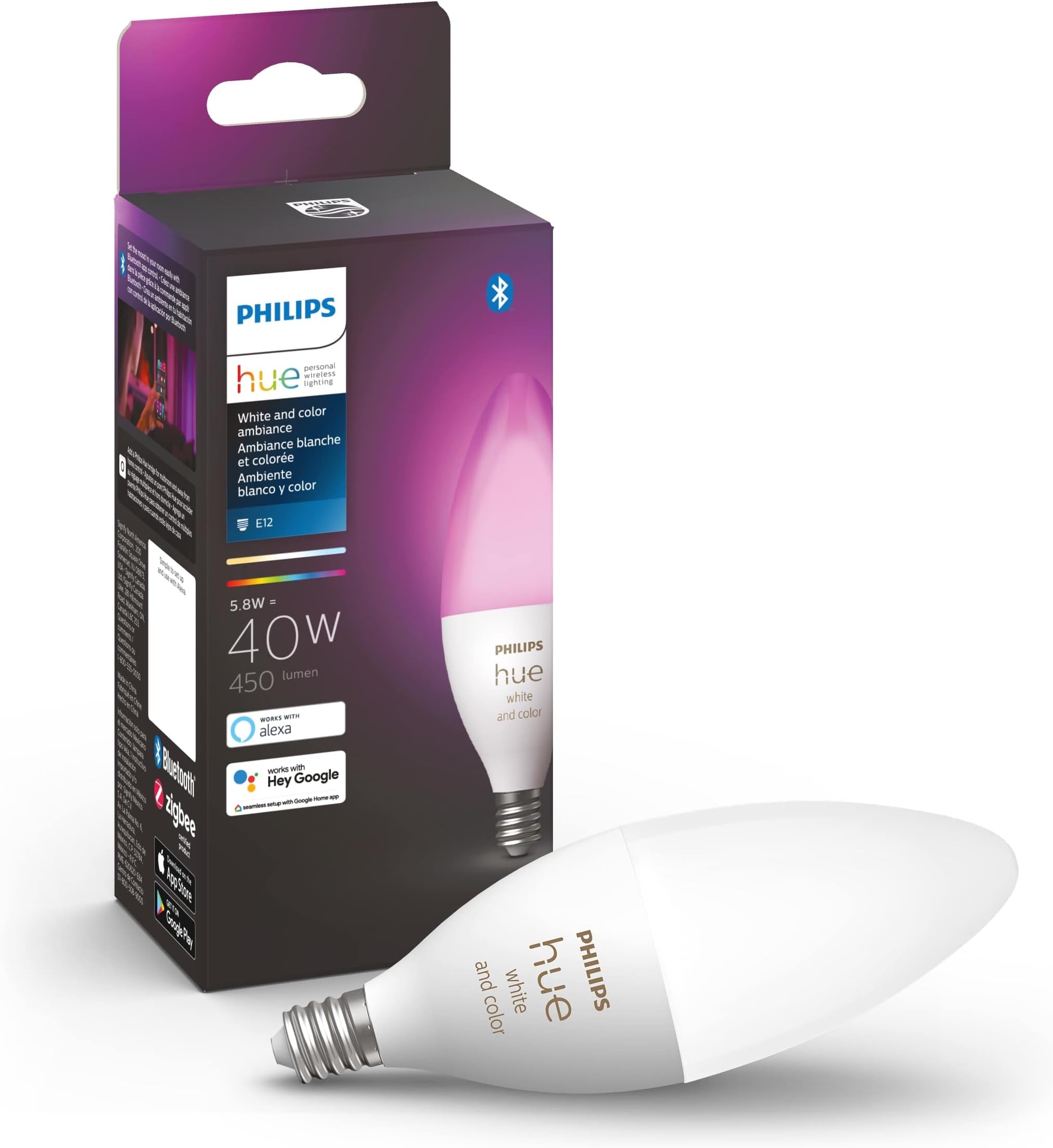 Smart 40W B39 Candle-Shaped LED Bulb - White and Color Ambiance Color-Changing Light - 1 Pack - 450LM - E12 - Control with Hue App - Works with Alexa, Google Assistant and Apple Homekit