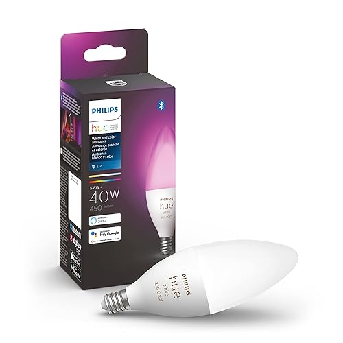 Philips Hue Smart 40W B39 Candle-Shaped LED Bulb - White and Color Ambiance Color-Changing Light - 1 Pack - 450LM - E12 - Control with Hue App - Works with Alexa, Google Assistant and Apple Homekit - White and Color Ambiance - 1 Pack