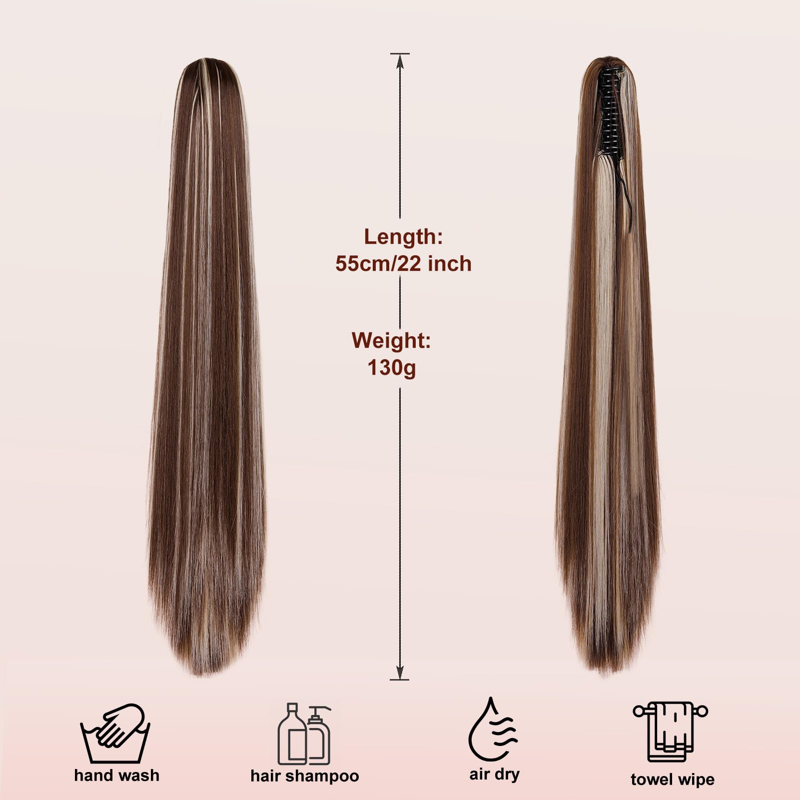 Dcbaboo 22inch Claw Clip in Ponytail Hair Extensions Long Straight Ponytail Extension Synthetic Pony tails Natural Wave One Piece Hairpiece Fake Ponytail for Women Chestnut Brown & Bleach Blonde - Image 3