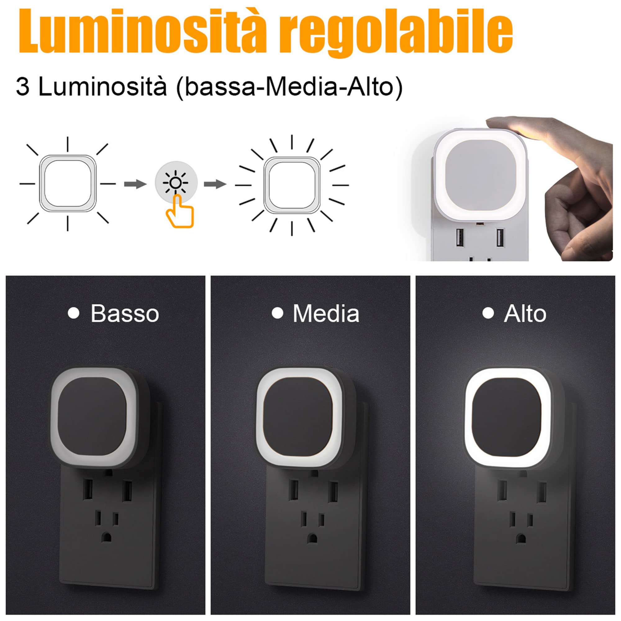 YUNLEX Presa di Luce Notturna con Sensore Crepuscolare, Luce Notturna Bambini 3 livelli di luminosità regolabile per Camera dei Bambini, Bagno, Corridoio, Cucina, Scale, Bianco