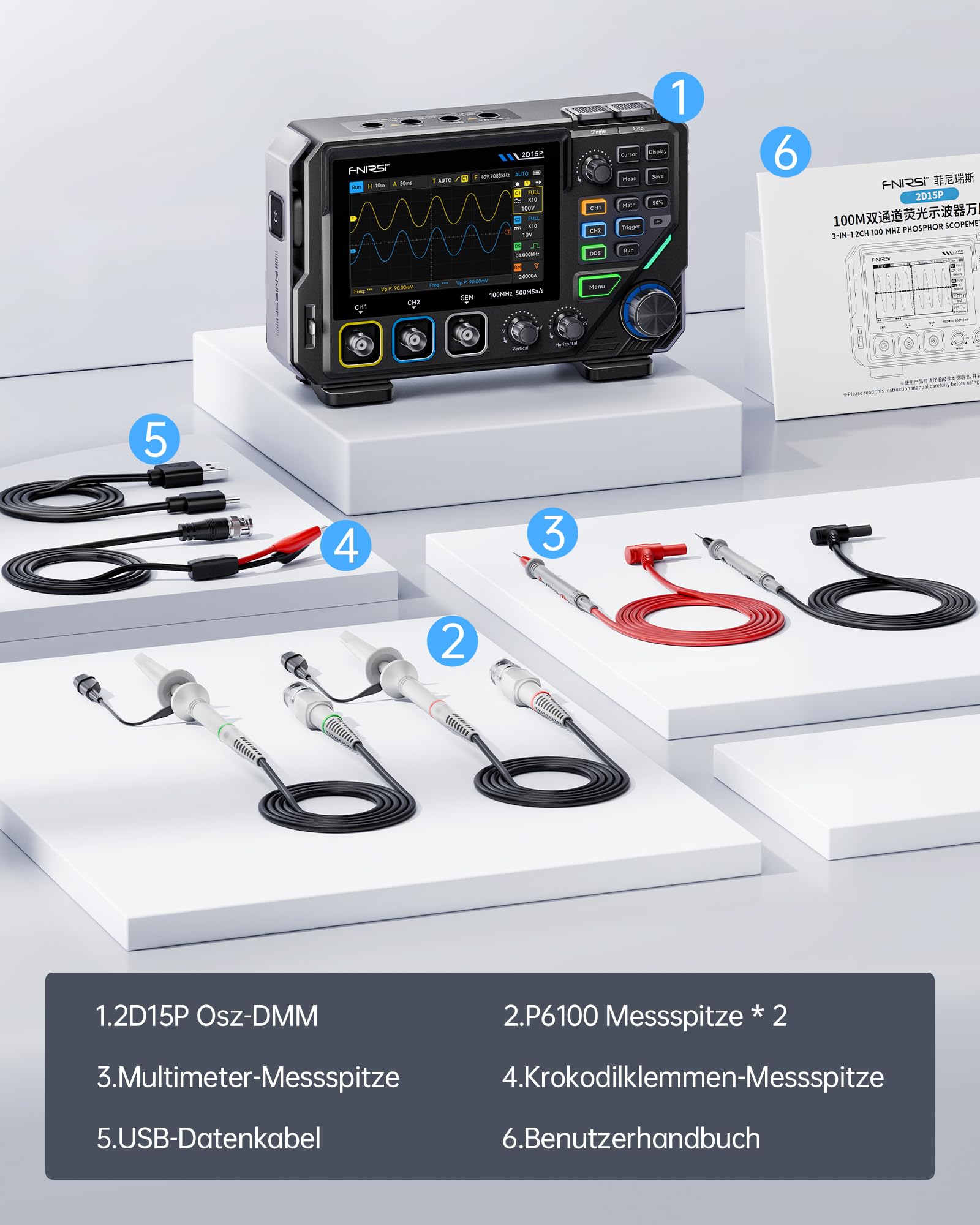 FNIRSI 2D15P 100MHz Digitales Oszilloskop Multimeter DDS-Signalgenerator 3 in 1, 2CH Oszilloskop Multimeter für die Automobilindustrie 19.999 TRMS-Zählwerte, 500MS/s Abtastrate, 4,3 Zoll Touchscreen