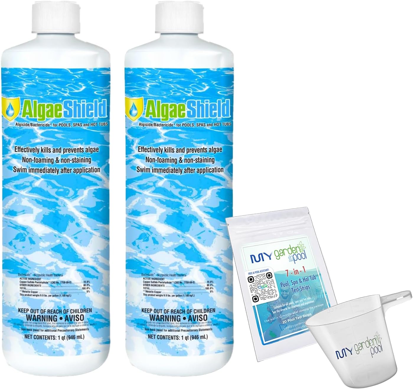 AlgaeShield Algaecide 32 FL OZ 12774 with My Garden Pool 7 in 1 Test Strips and Measuring Cup, 2 Pack