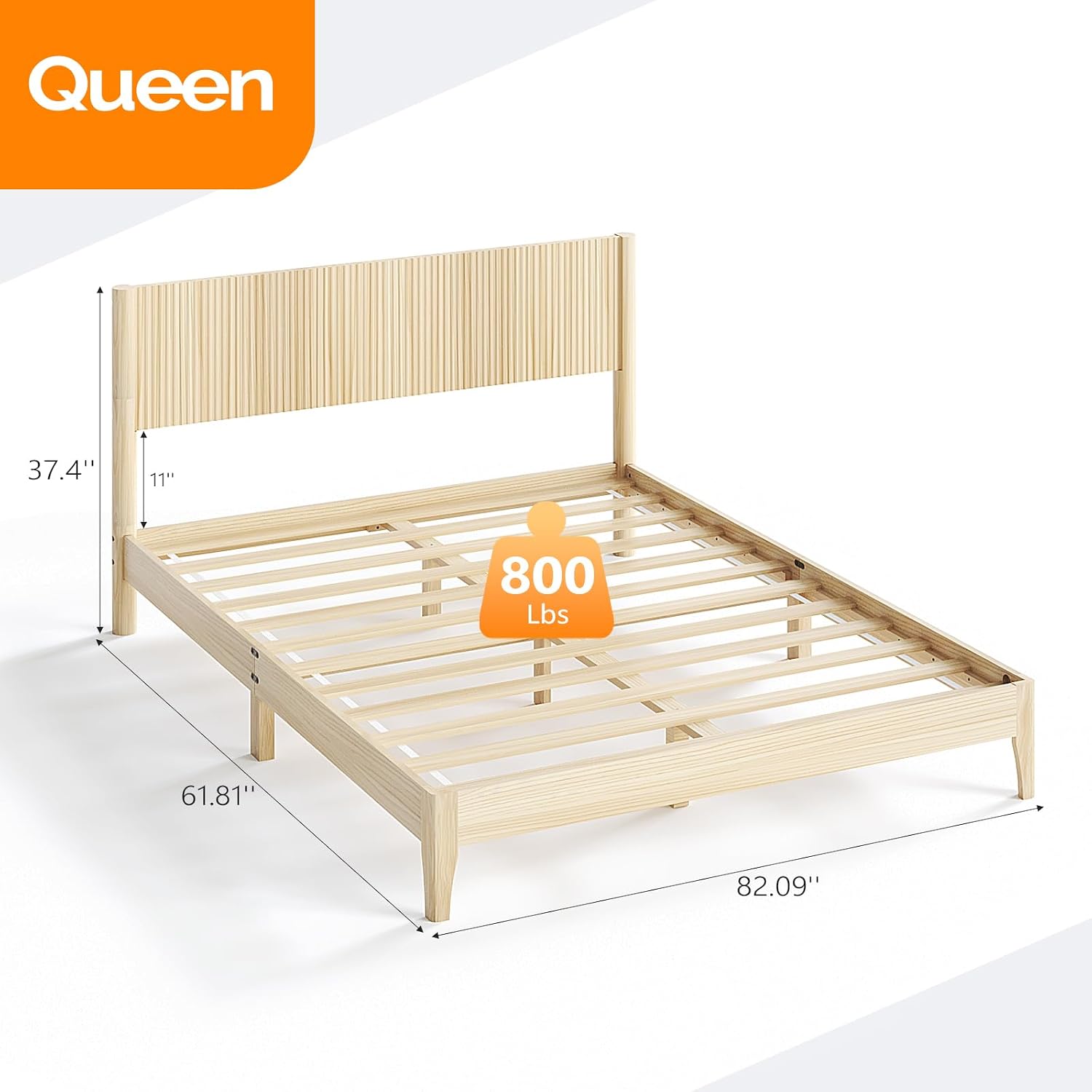 VINGLI Solid Wood Queen Bed Frame with Headboard,Fluted Wooden Platform Panel Bed with Sturdy Support for Bedroom,Boho,Mid-Century Modern Style,Natural Wood