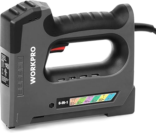 WORKPRO Pistola de grapas 6 en 1, grapadora eléctrica, clavadora con cable de 110 V para proyectos de carpintería, grapas excluidas