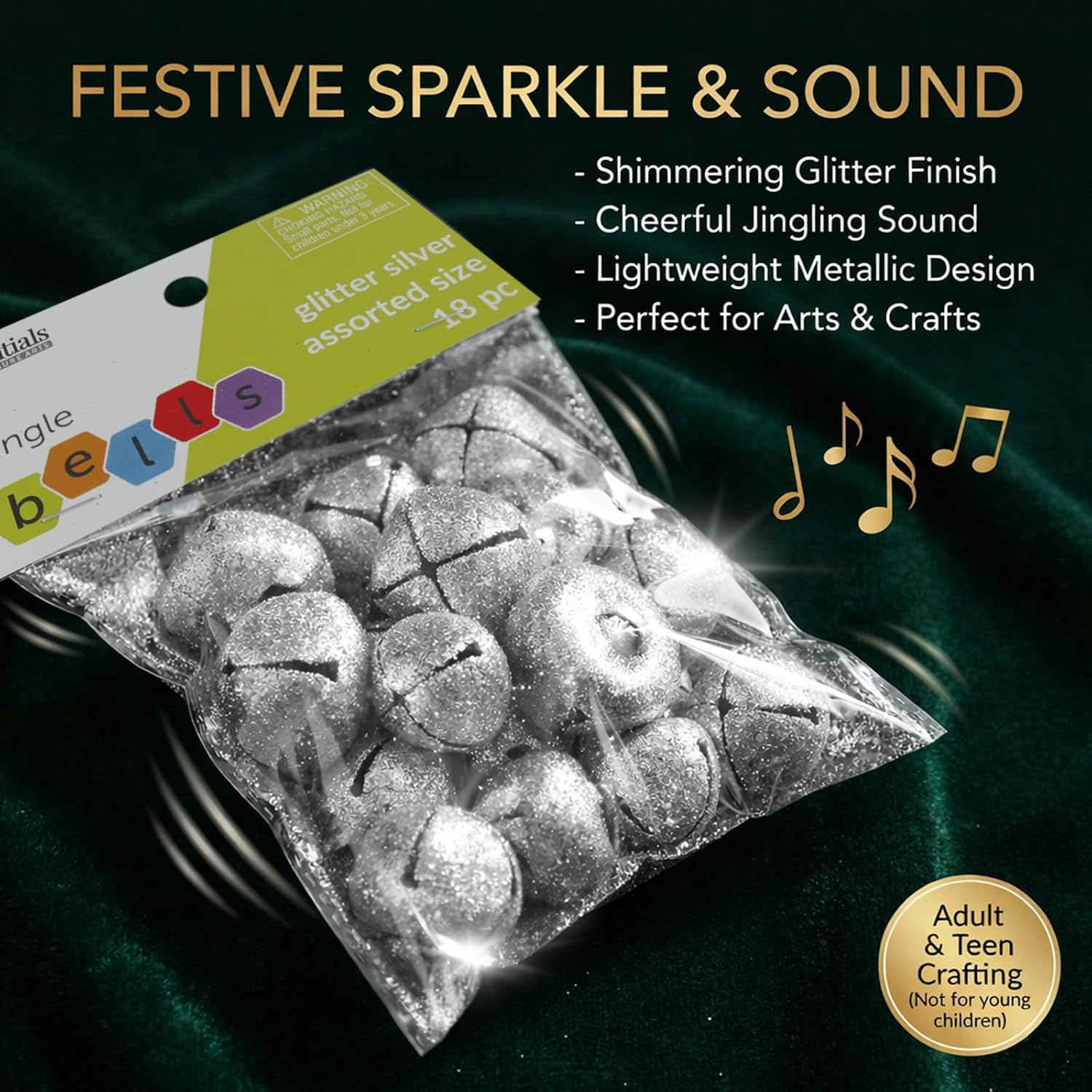 Silver Bells Jingle Craft Assorted Sizes 18 Piece Set Glitter for Ornaments