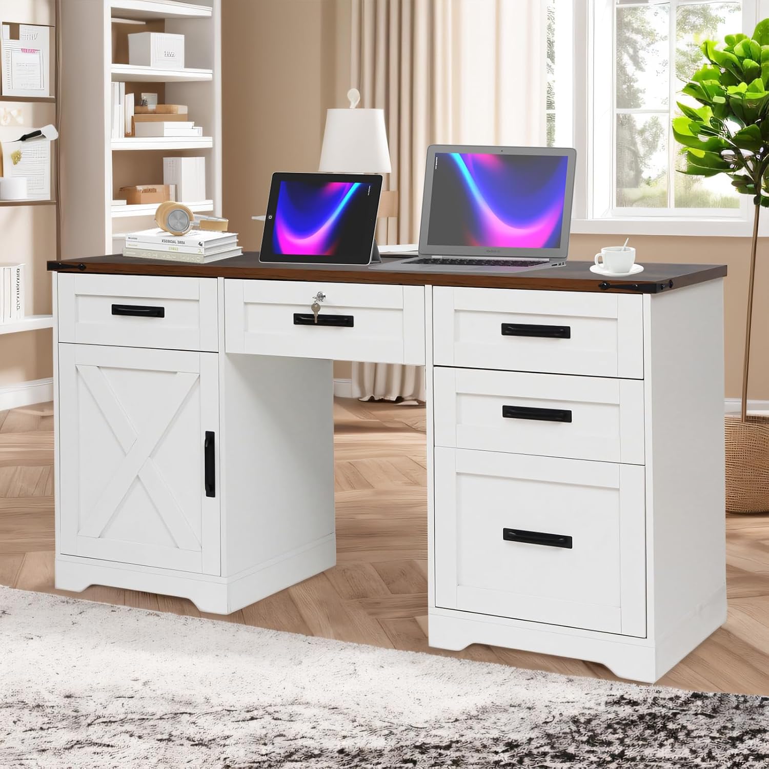 60" Farmhouse Executive Desk, Home Office Desk with Drawers, Wood Computer Writing Desk with Charging Station, Key Lock Drawer Filing Cabinet Drawers, Antique White