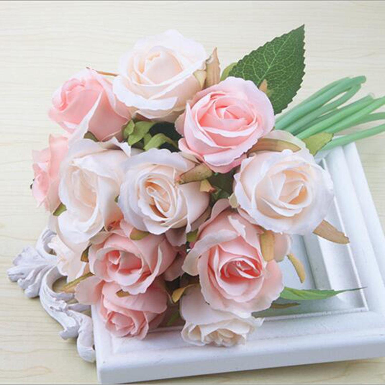 CTRLZS 12pcs/lots Artificial Rose Flowers Wedding bouquet Thai Royal Rose Silk flowers Home Decoration Wedding Party Decor（Champagne）