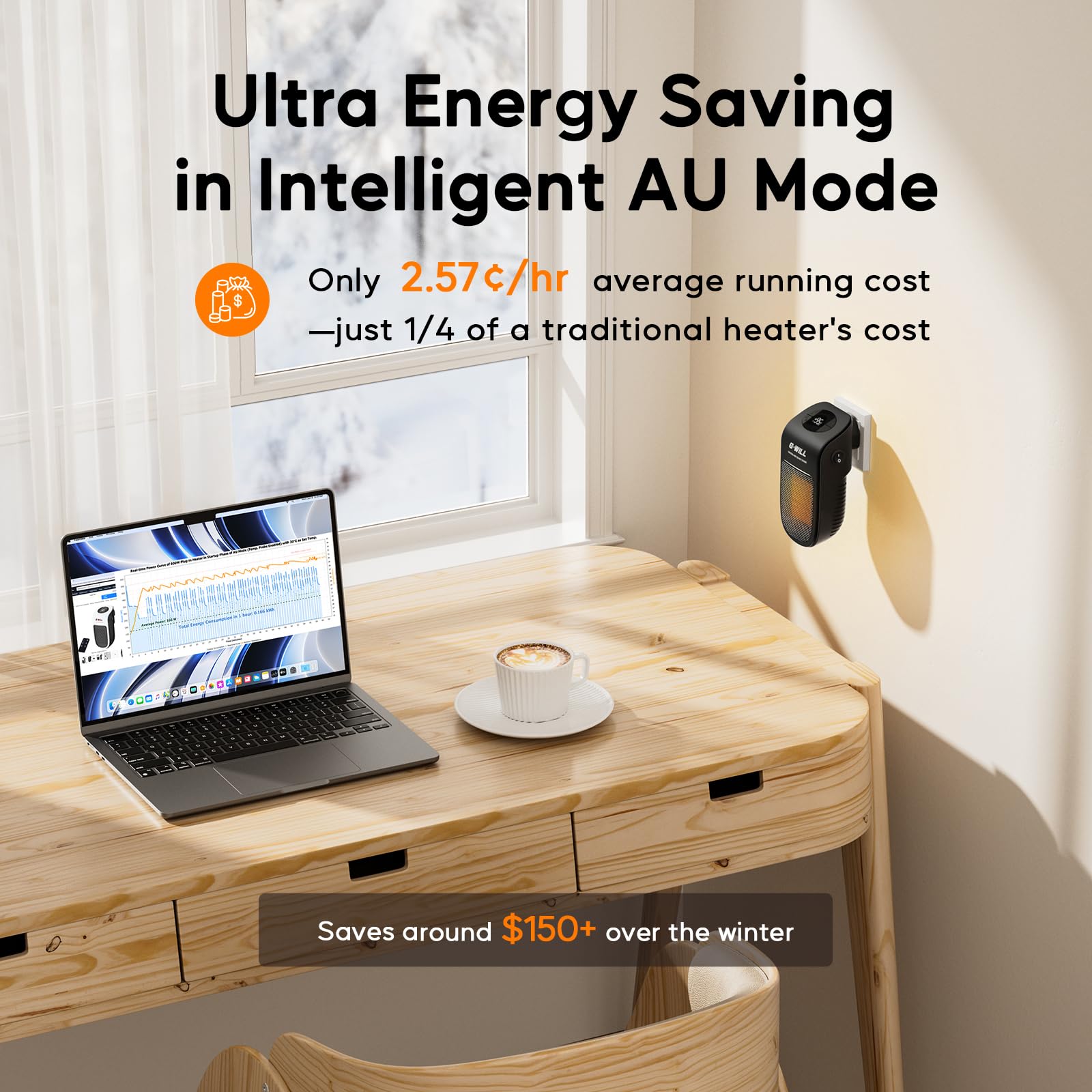 G-WILL Smart Plug in Heater 600W (Black), 3¢/hr Running Cost, Wake-up Timer, Cuts 75% Energy, Ceramic Mini Portable Electric Space Fan Heater, Auto Thermostat, 4-Layer Safety System - 2