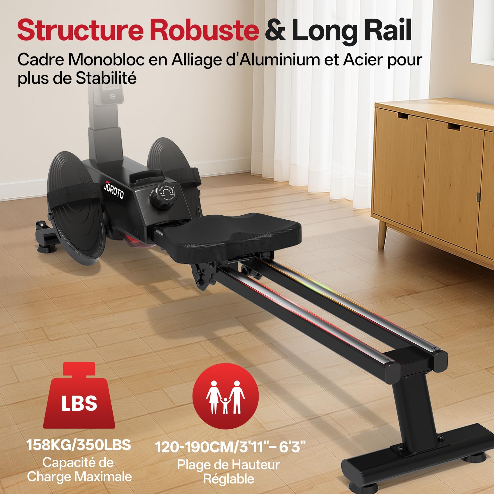 JOROTO Rameur pour la Maison, 16 Niveaux de Résistance, Rameur Magnétique Ultra-Silencieux avec App Kinomap, Double Rail pour Stabilité et Fluidité, Compact et Facile à Assembler - Fitness à Domicile