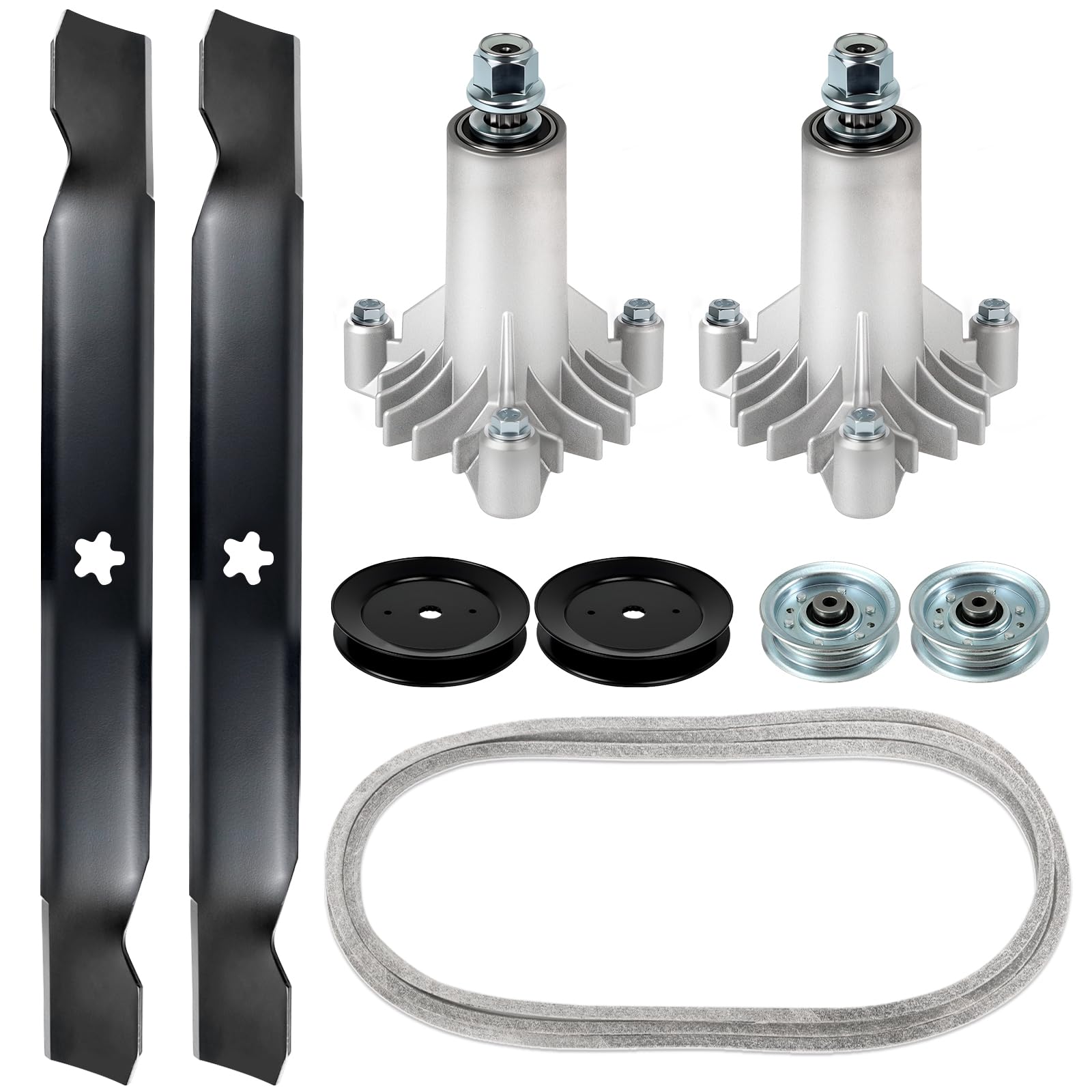 Kit de reconstrucción de husillo de cubierta de cortacésped de 42 pulgadas compatible con Hus qvarna Craftsman LT1000 LT2000, incluye 2 husillos 130794, 2 cuchillas 138971, 2 poleas 153535, 2