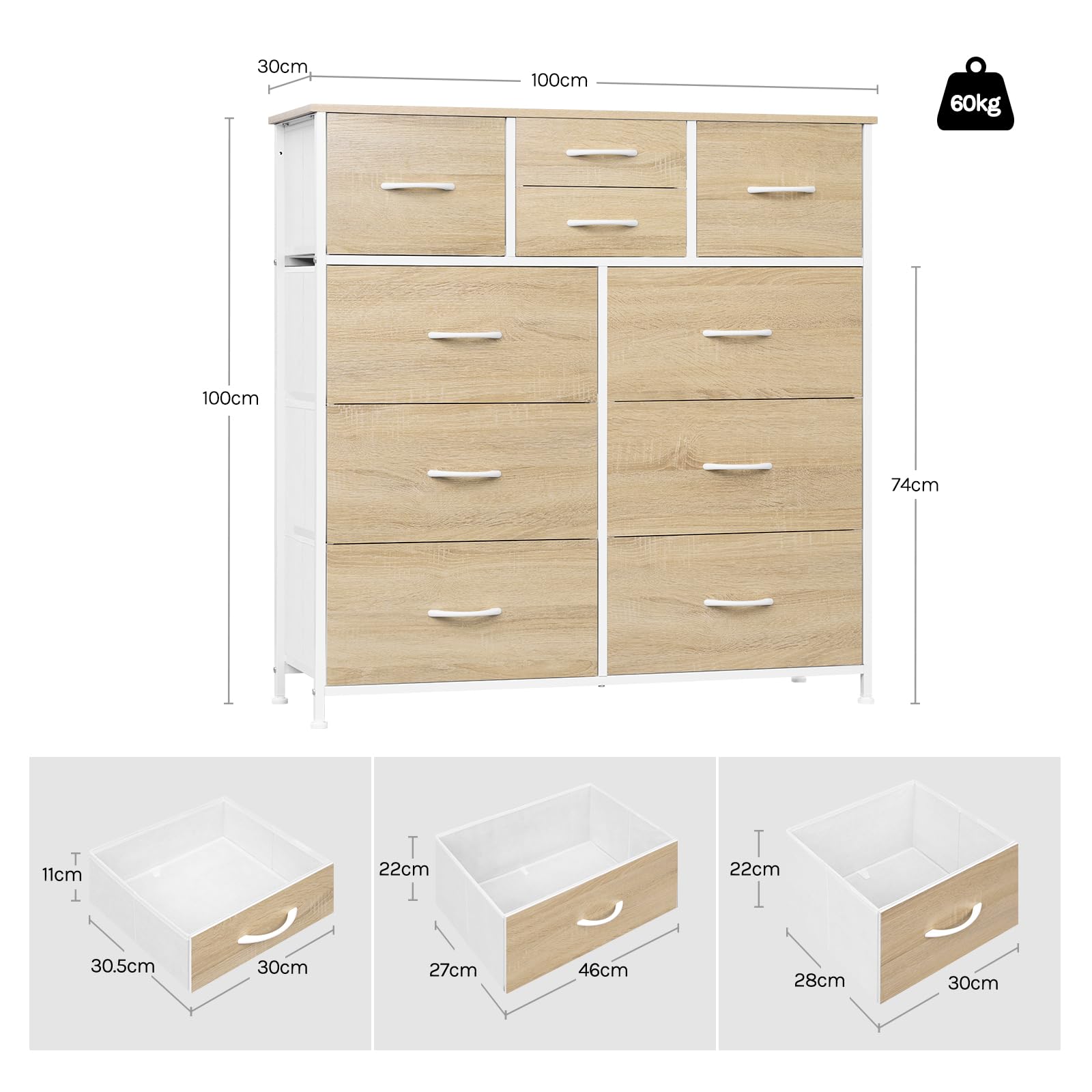 WOLTU Cajonera de Tela, Cómoda Dormitorio de Tela, Unidad de Almacenaje con 10 Cajones, para Recibidor y Salon, Estructura de Metal Resistente, Roble Claro+Blanco, SSK009whe