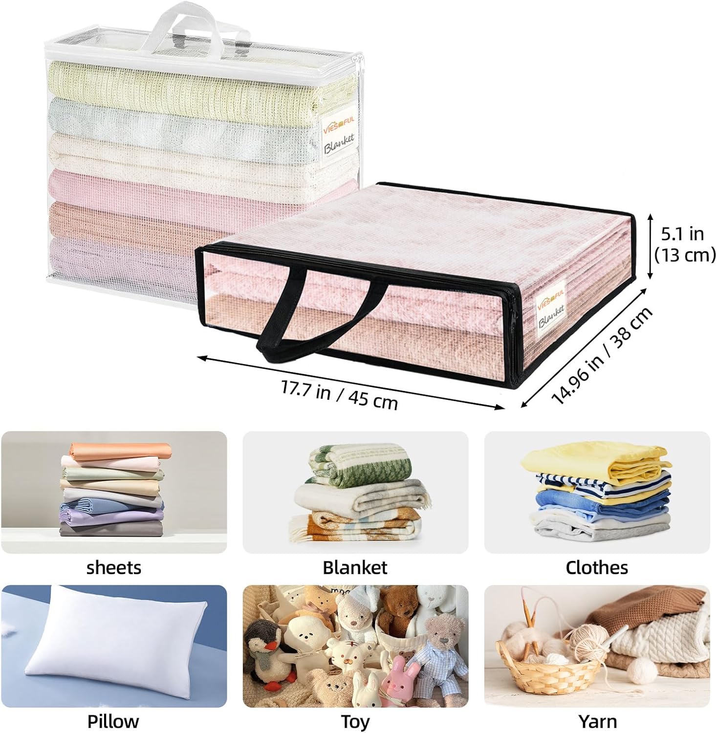 Vieshful 12 Pack Clear Storage Bags for Clothes, 17.7" × 14.96" × 5.1" Clear PVC Mesh Clothing Organizers with Zipper for Blankets, Clothes, Bedding, Sweater, Toys & Closet Storage, 22L White