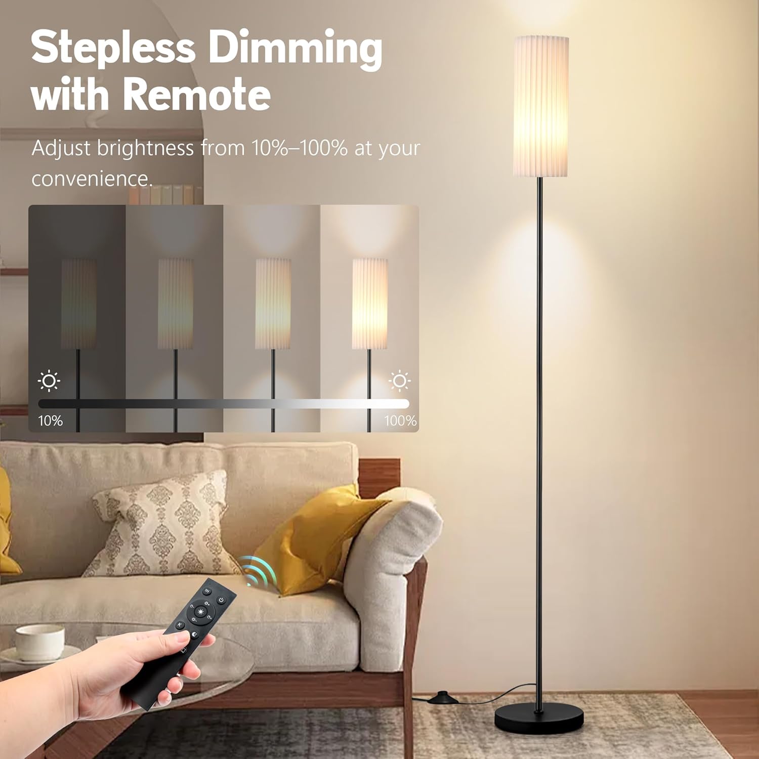 68" Modern Floor Lamp with 3 Color Temperatures, Foot Switch, Linen Shade & Black Metal Pole – Tall Standing Lamp for Living Room, Bedroom, or Office – LED Bulb Included, Easy Assembly (White)