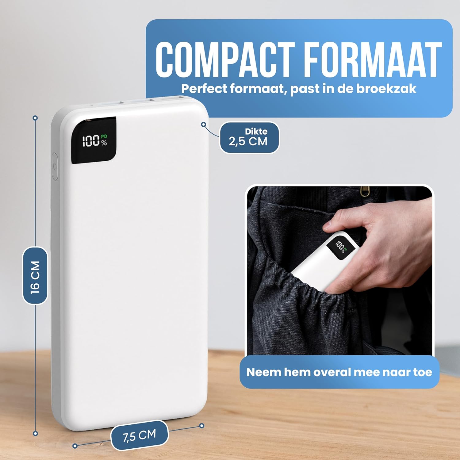 Strex Power Bank with dimensions 16cm length, 7.5cm width, and 2.5cm thickness, shown next to a hand and in a pocket for scale