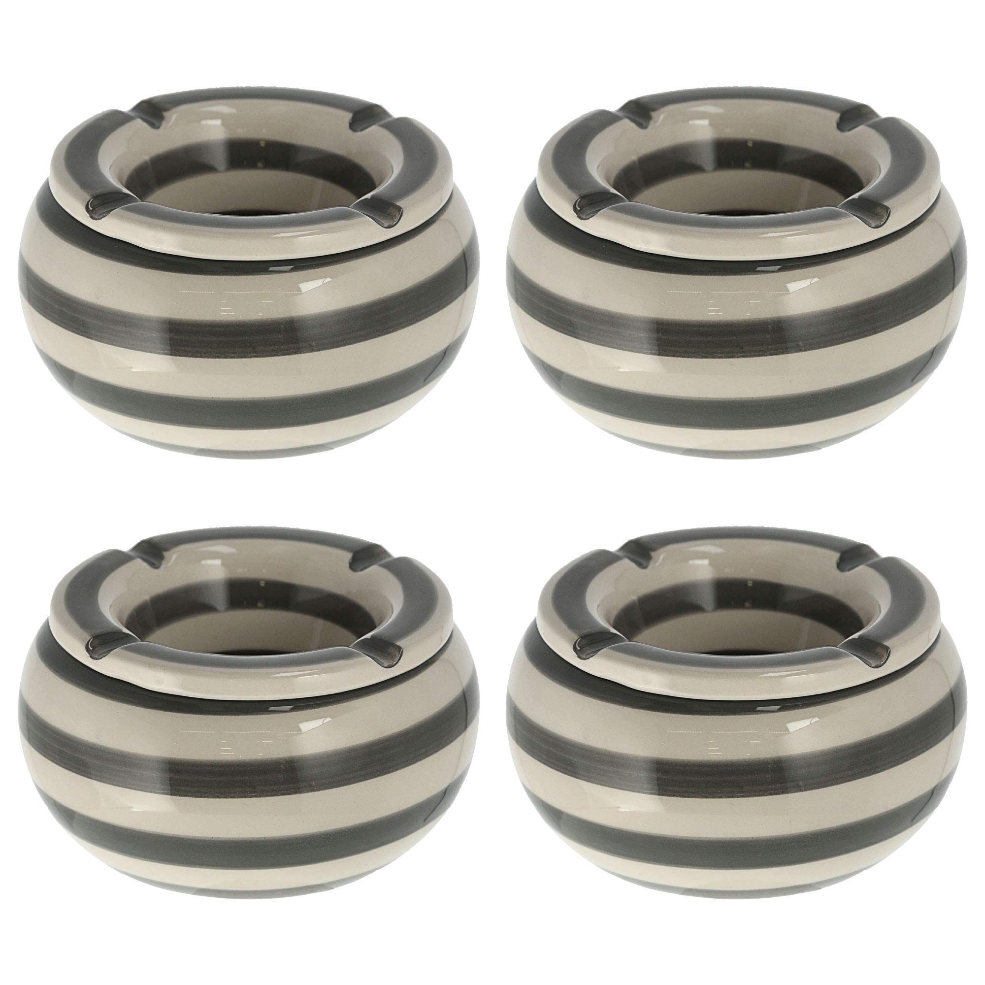 Lot de 4 cendriers anti-tempête │ Ø 13,5 cm rayé gris et blanc │ Cendrier coupe-vent avec couvercle (1 x lot de 4 cendriers anti-tempête 13,5 cm)