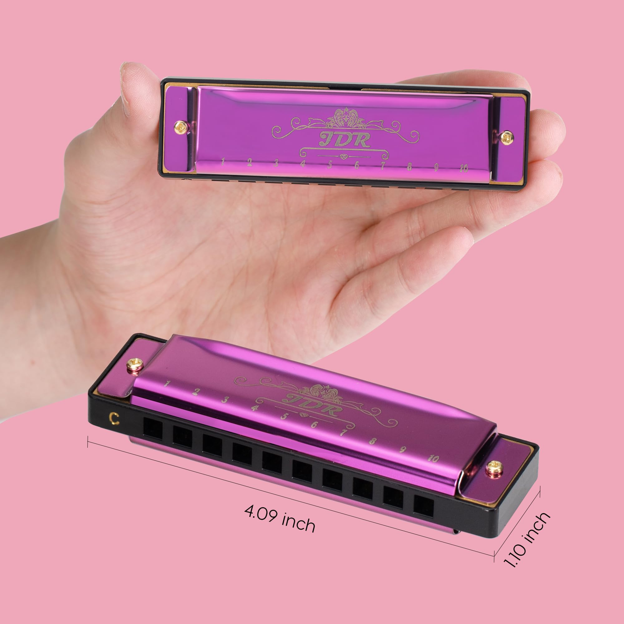 JDR Harmonica Blues C Key 10 Hole 20 Tone Mouth Organ with Case Diatonic Armonica for Kids Professional Player Beginner Students Adults Friends Teacher Parents Stainless Steel Black (Purple) - Image 2