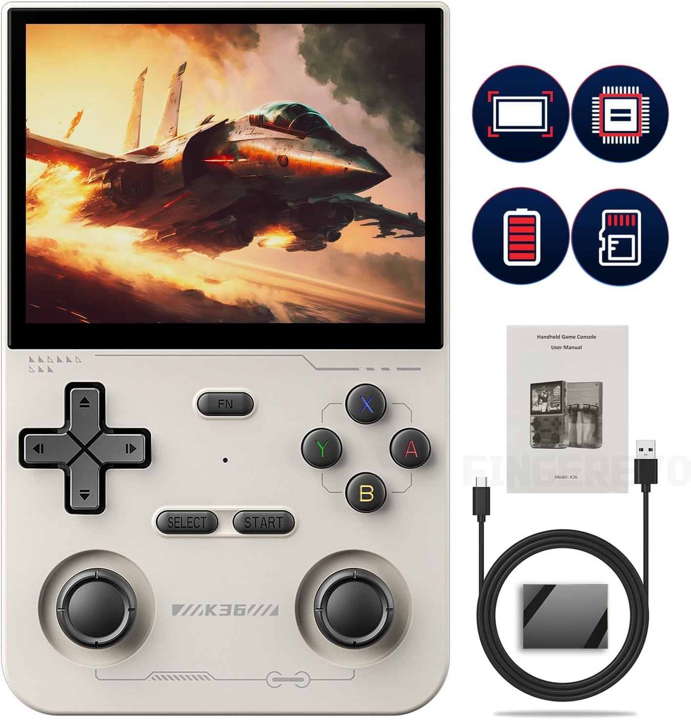 FINGEREVO K36 Handheld Game Console 3.5-in 640 * 480 IPS OCA Screen 3500mAh RK3326 Opensource System Gray