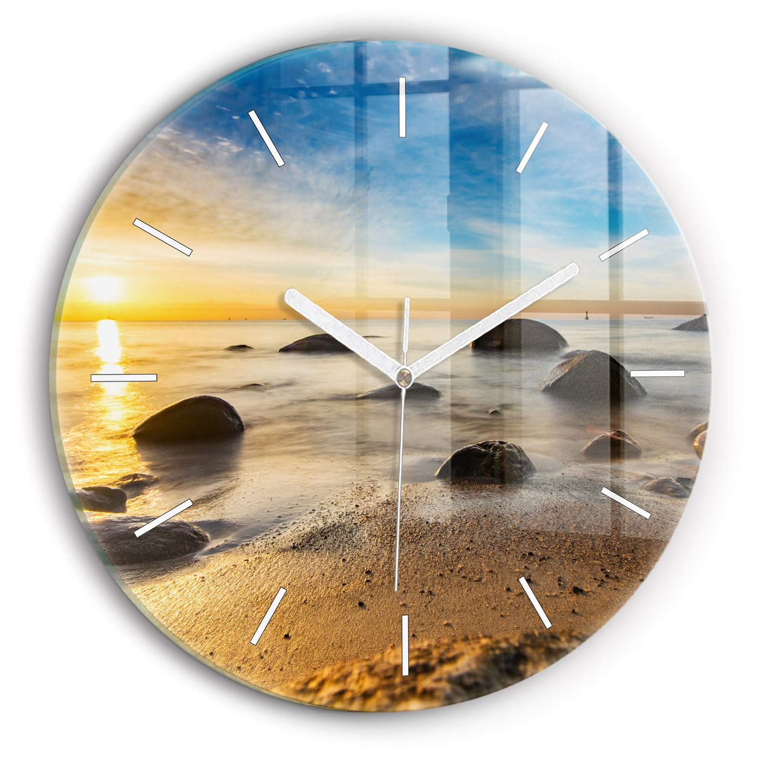Horloge en verre 30 cm Wallfluent Sunrise Baltic Sea au mécanisme silencieux
