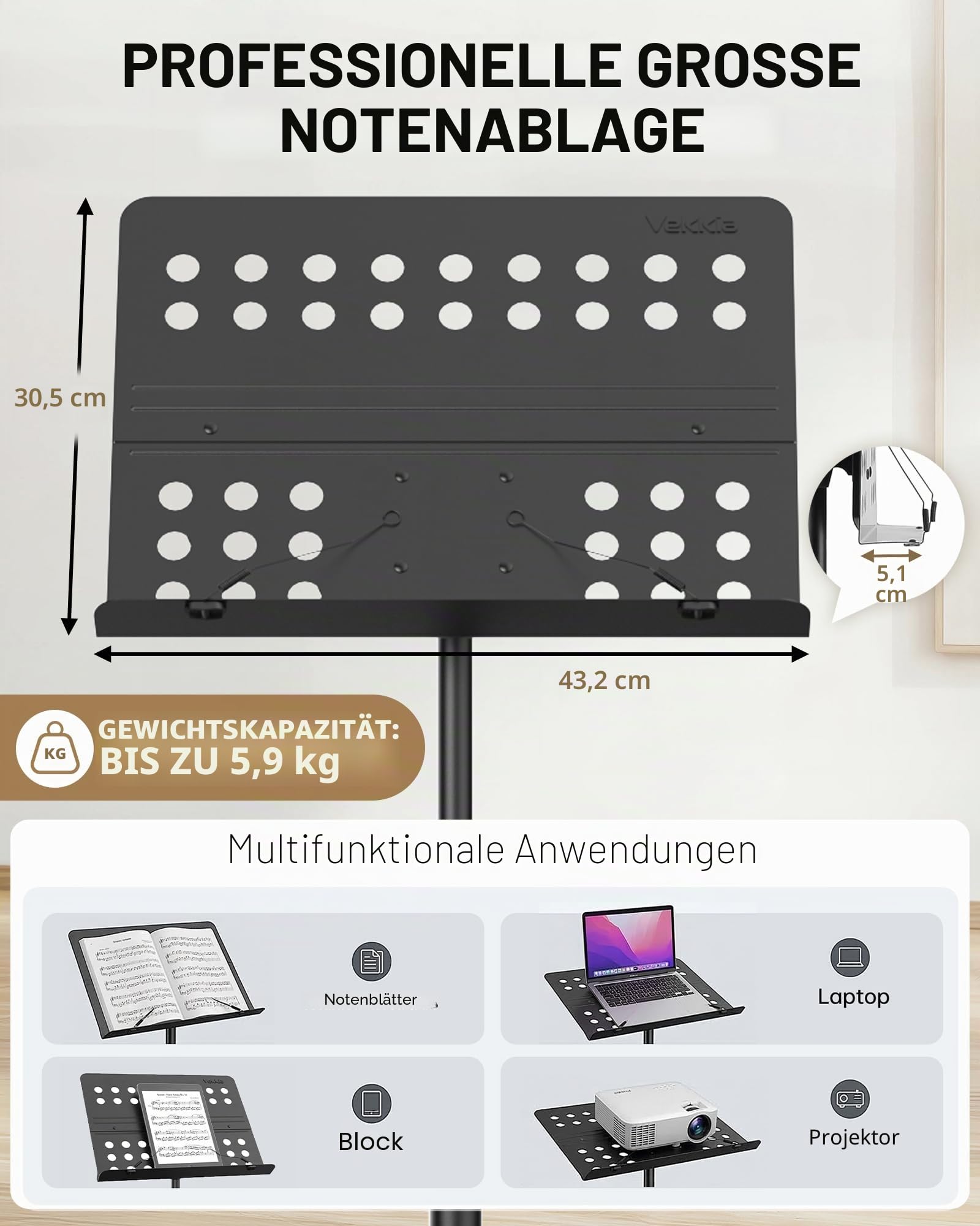Vekkia Notenständer – Professioneller Notenständer klappbar stabil aus Metall mit perforierter Notenablage, höhenverstellbar und faltbar, inkl. Tragetasche, ideal für Bandauftritte und Proben