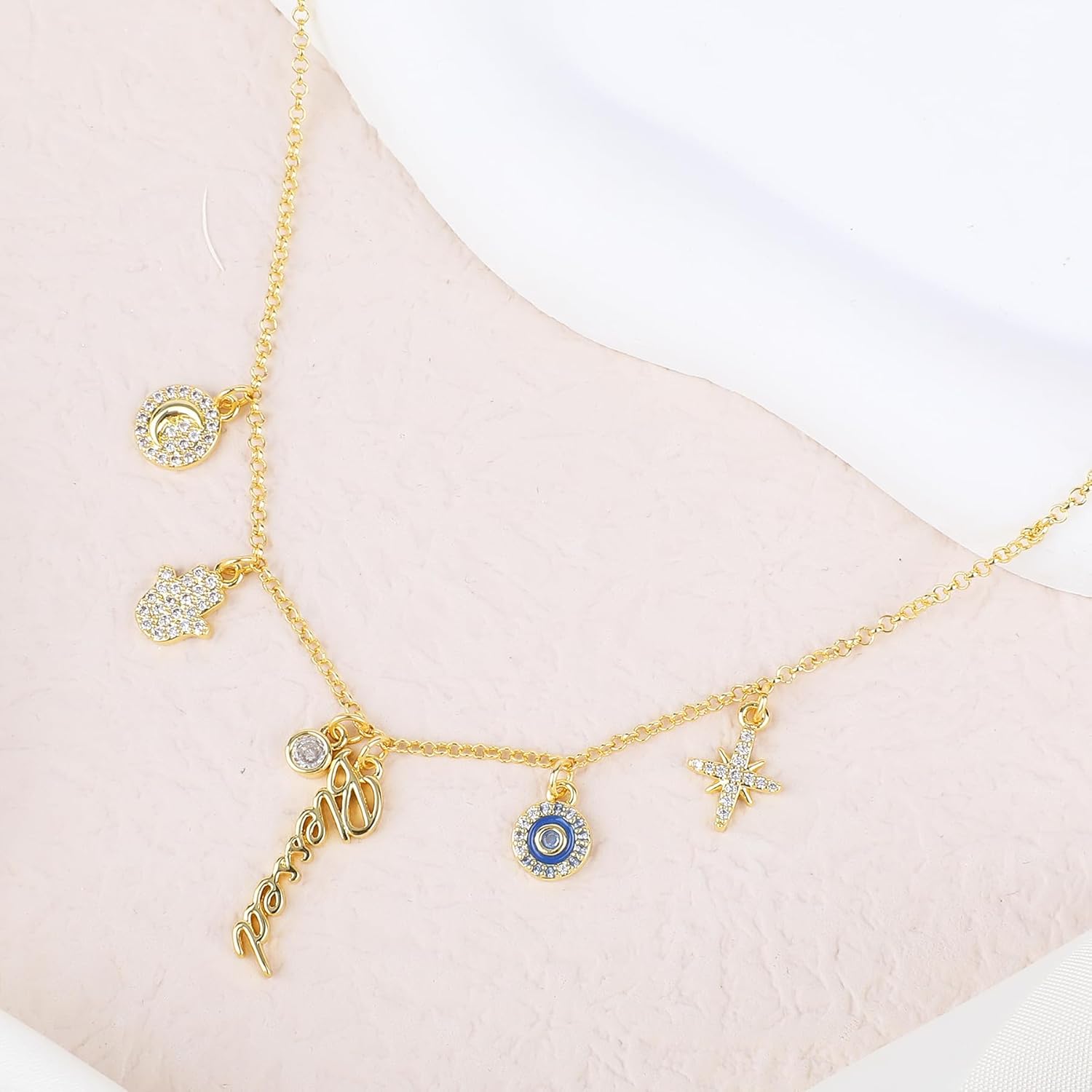 Gold Charm Necklace for Women 14K Gold Plated Blessed Evil Eye Dream Unicorn Love Heart Wing Family Tree Joyful Summer Beach Pendant Necklace Cubic Zirconia Charm Adjustable Trendy Jewelry Gift - Image 3