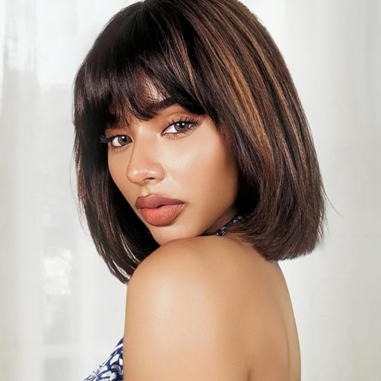 YUELAN Bob Wig With Bangs - Put On and Go Realistic Glueless Straight Bob with Bangs Minimalist 2X4 Lace Wig 100% Human Hair